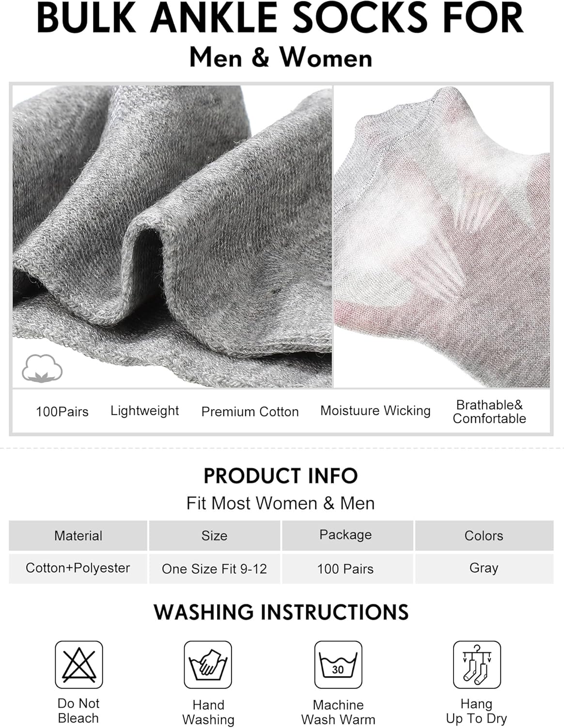 Tarpop 100 Pairs Bulk Mens Socks Moisture Wicking Casual Sports Ankle Socks for Homeless Unisex Adult Men Women