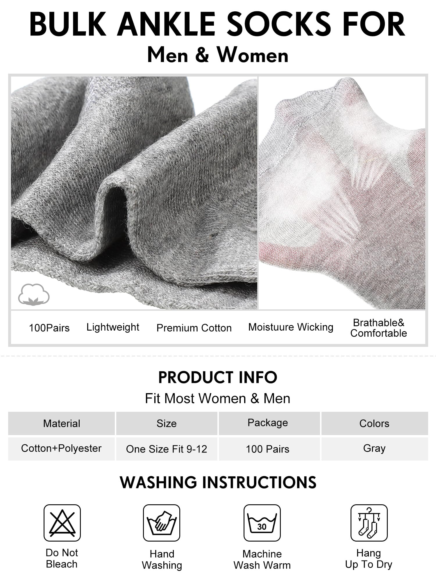 Tarpop Lot de 100 paires de chaussettes de sport décontractées anti-humidité pour homme et femme