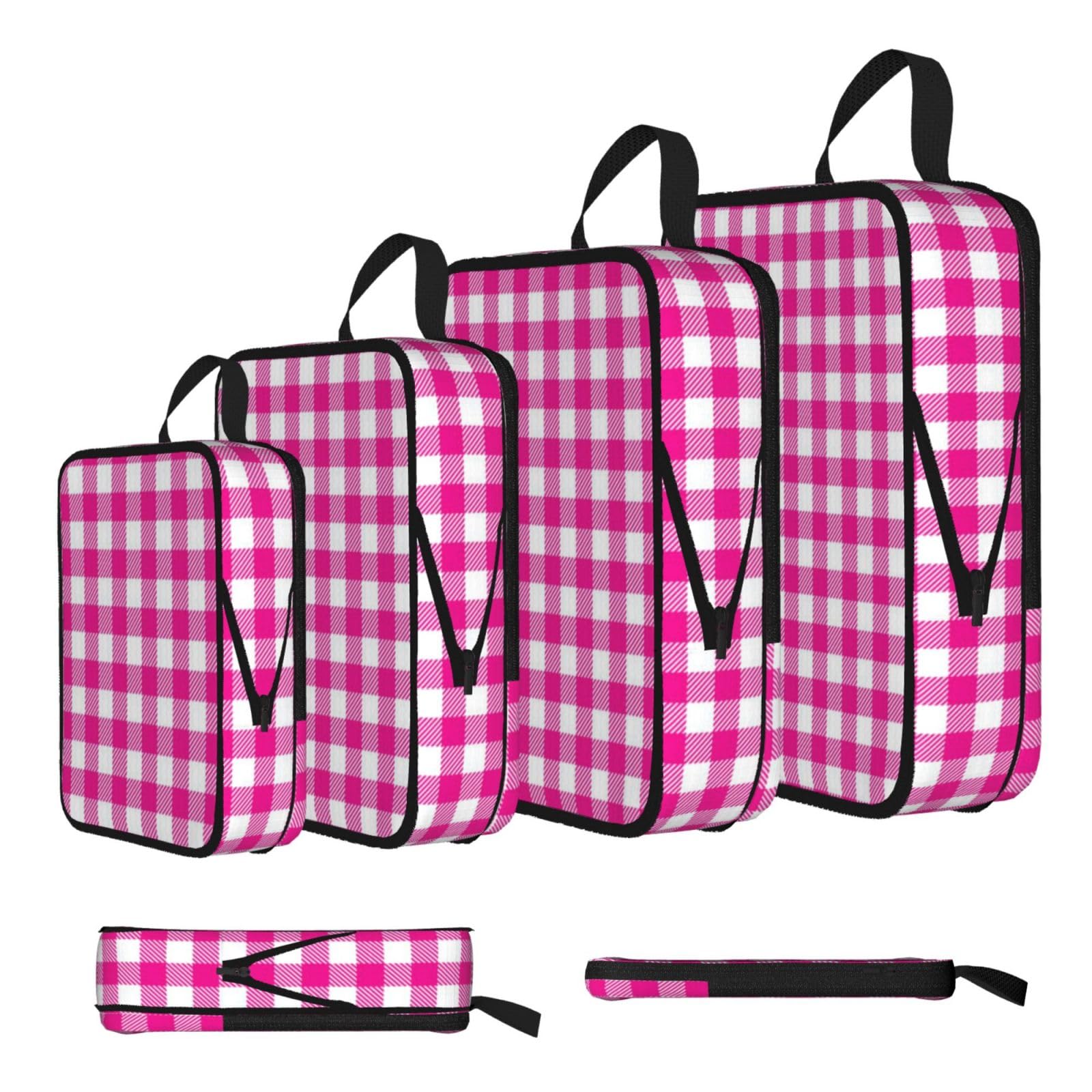 Pink Plaid Print Compression Packing Cubes 4-Piece Set With Multi- Compartment Travel Bag, Waterproof Suitcase Organiser Bags