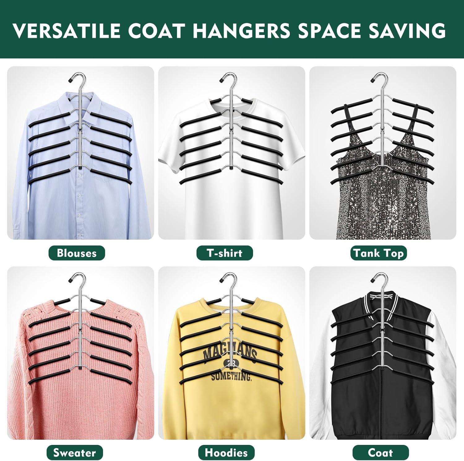 DOIOWN Space Saving 6 Tier Coat Hangers - Non Slip Foam Padded, Black Metal Sweater & T Shirt Hangers for Men & Women, 2 Pack Closet Organizers - Image 7