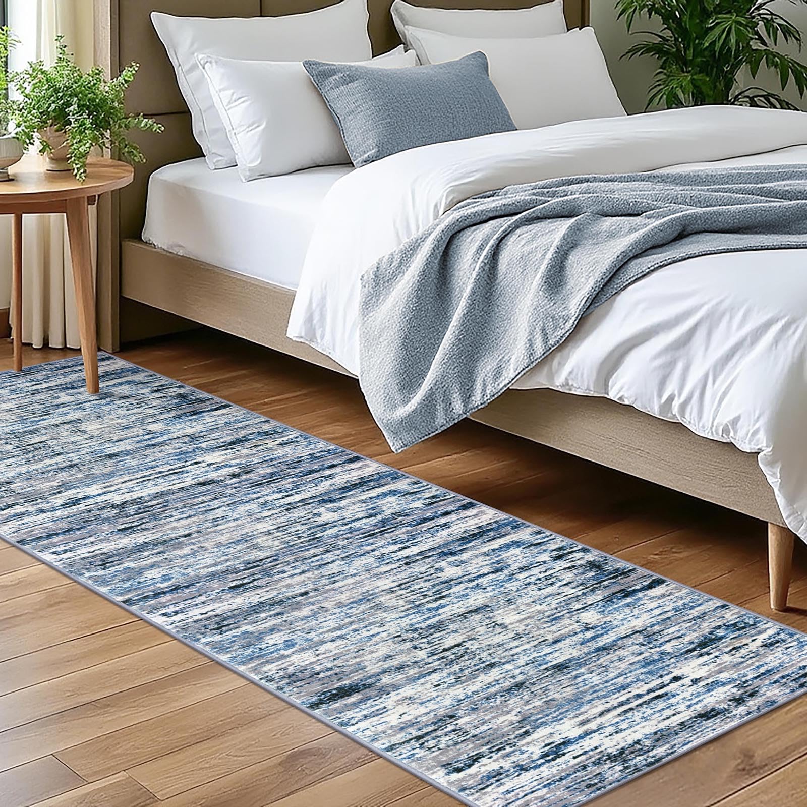 Lansny Modern Abstract Bedroom Runner Rug 2x7, Grey Blue White Washable Kitchen Runner, Non-Slip Soft Thin Faux Wool Mat for Entryway, Hallway,