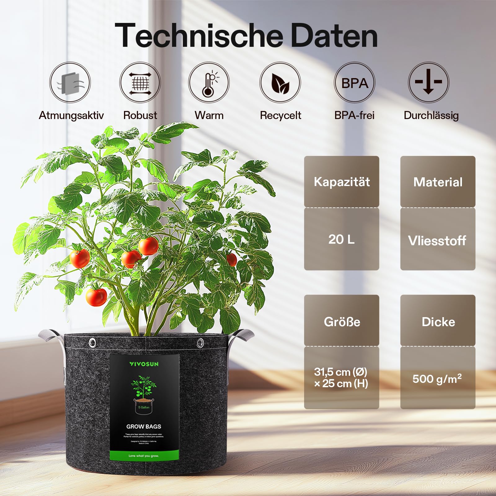VIVOSUN Pflanzsack 5er-Pack 20 L, Stofftopf aus Vliesstoff mit 500 g/m² Stärke, mit Tragegriffen und Mehrzweckringen, Ideal für LST, Obst, Gemüse und Blumen