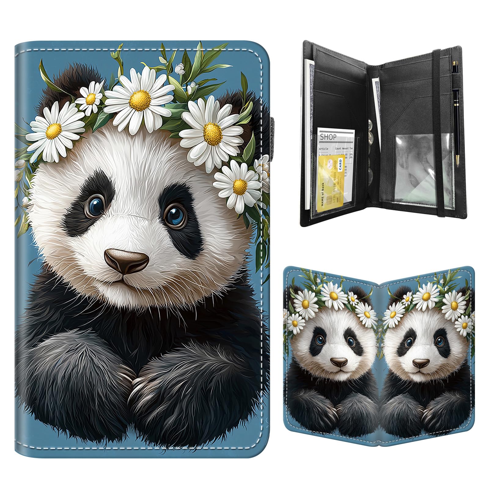 FQSXFIFN Leather Server Book for Waitress, Cute Server Book with Zipper Money Pocket,Check Presenters Waitstaff Organizer Fit Server Apron, Panda Flower Serving Books, Black Waiter Books for Servers
