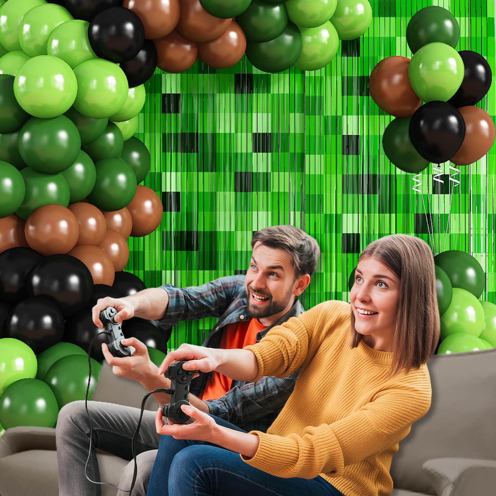 Pikselowa girlanda balonowa, łuk, zestaw dekoracji na przyjęcie urodzinowe, zielone brązowe i czarne balony dla graczy, foliowe zasłony z frędzlami, tło, gra wideo, dekoracje na przyjęcie urodzinowe
