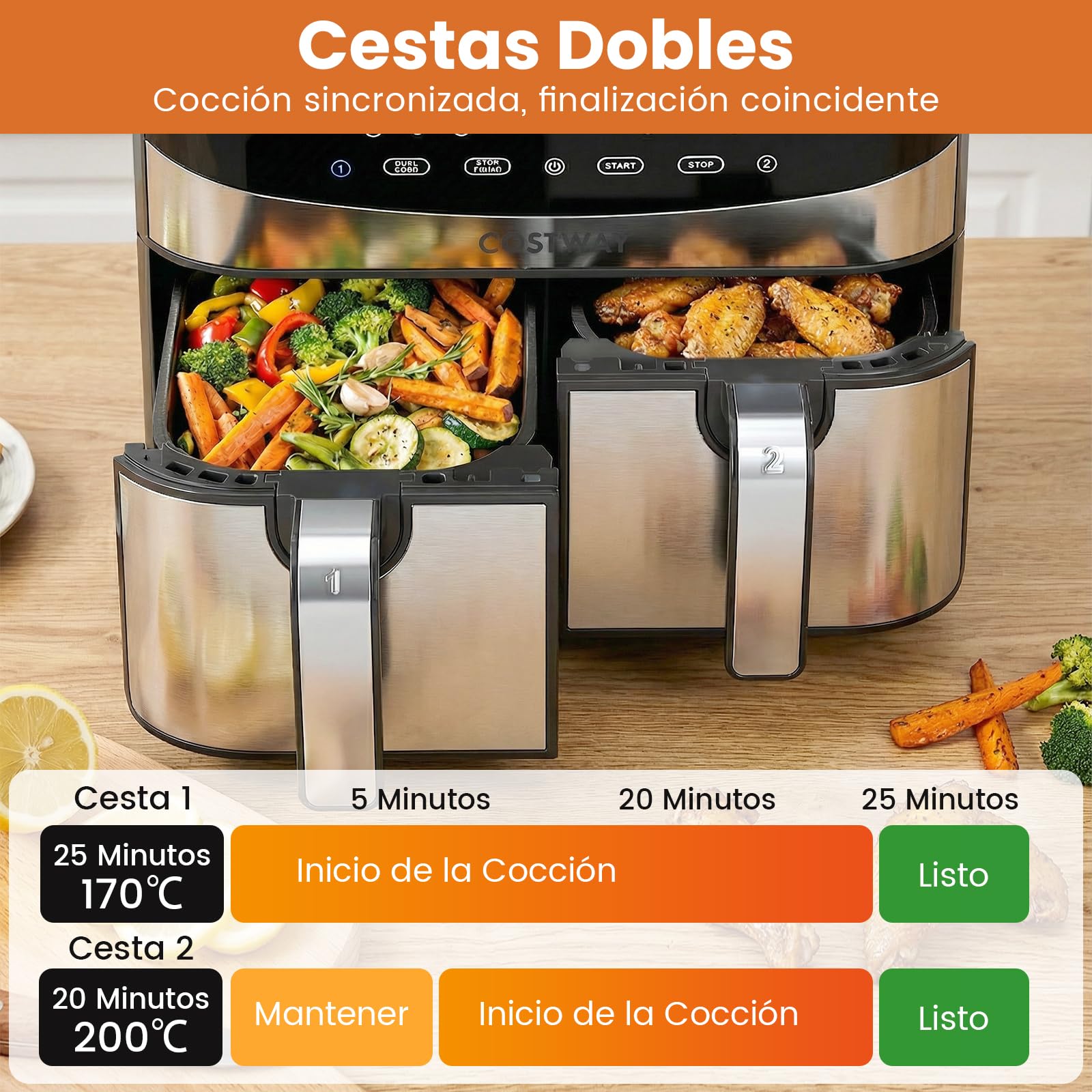 COSTWAY Freidora Aire 8L, XXL, 10 en 1 Air Fryer con Doble Cesta, Pantalla Táctil Digital y Aire Caliente de 360°, 2100W, 6-9 Personas, Apto para Lavavajillas