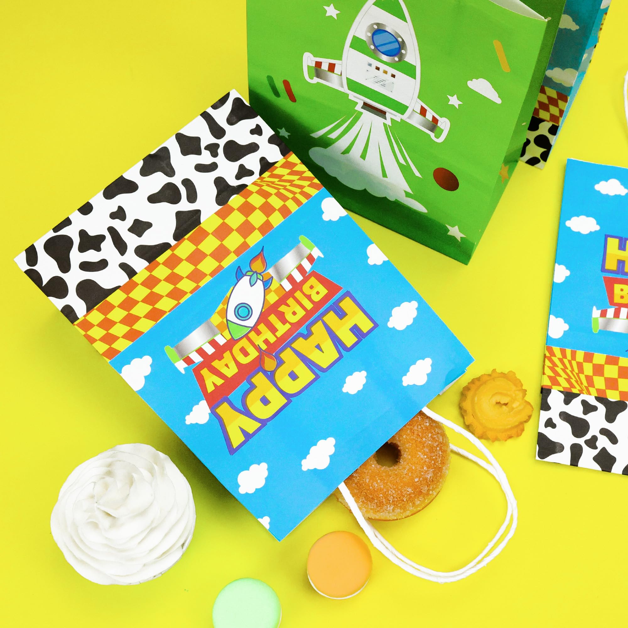 CHENRINDECO Cartoon Story Gift Bags 24PCS Cow Pattern Birthday Party Favor Bags Blue Sky White Cloud Paper Bags with Handle for Cartoon Story Themed Birthday Party Supplies