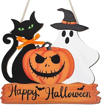 Happy Halloween Door Sign Wooden Ghost Pumpkin Black Cat Door Wreath Halloween Hanging Decorations for Porch Wall Supplies Classic