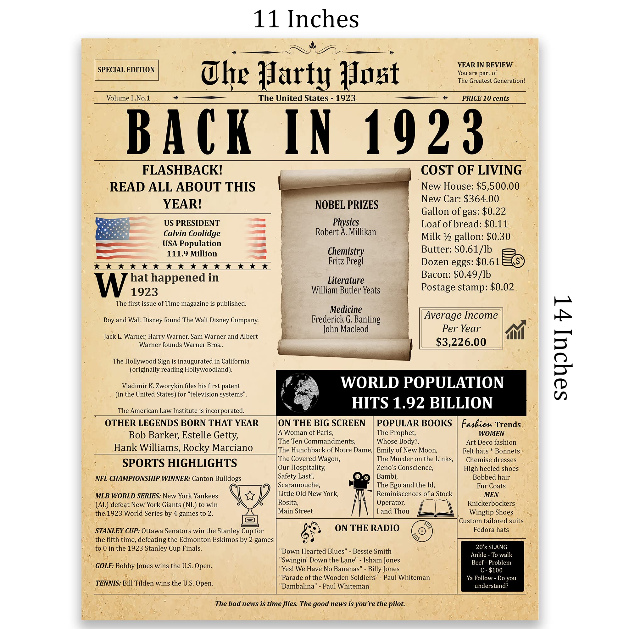 103rd Birthday Party Decorations Poster 103 Years Ago Anniversary Sign 11x14 In. Vintage Home Decor Supplies for Her or Him. Back In 1923 Historical Banner for Girl or Boy Turning 103 Years Old.