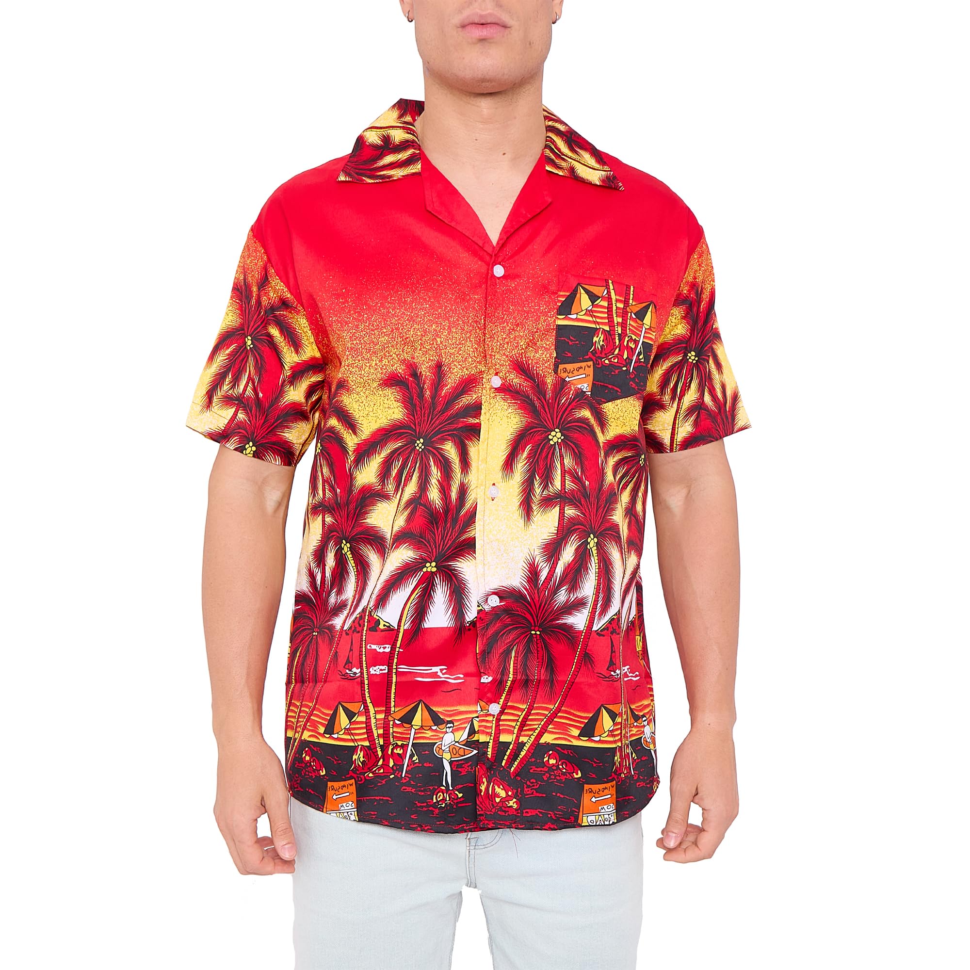 LABEL APPAREL Mens Hawaiian Shirt Palm Stag Beach Hawaii Aloha Party Summer Holiday Top Buttoned Red