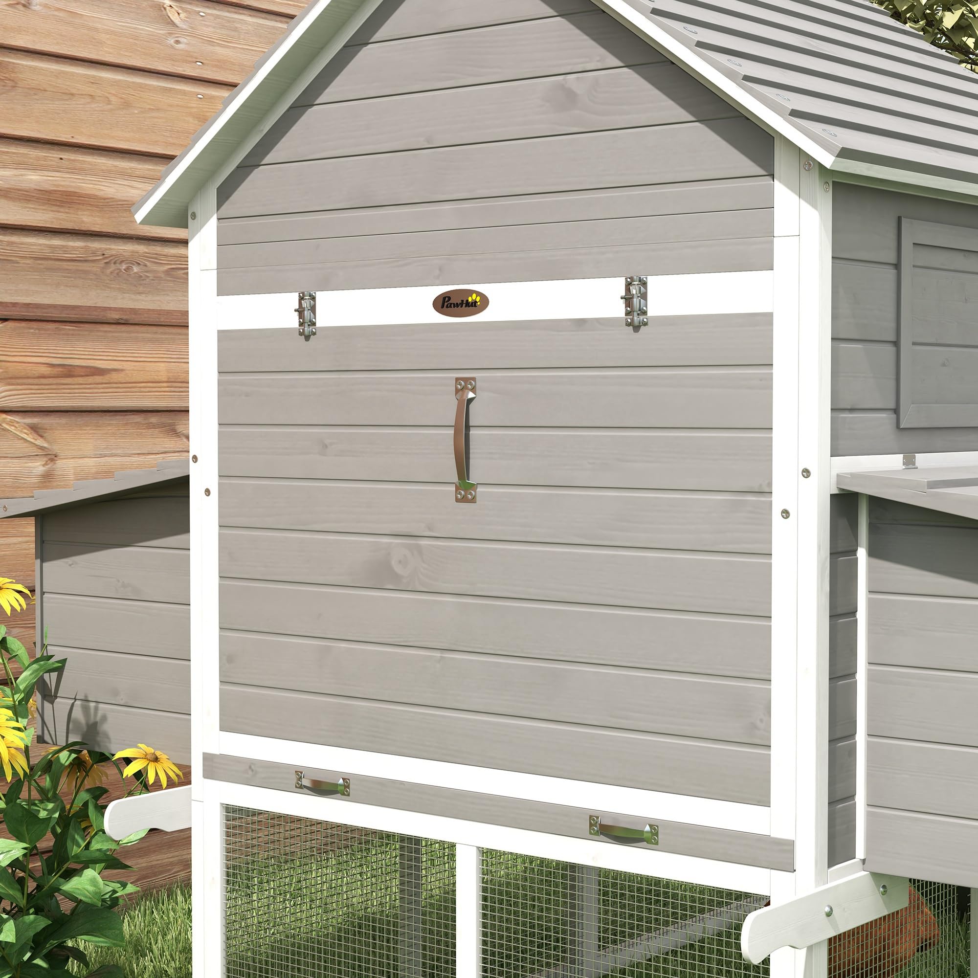 PawHut Pollaio in Legno con 2 Nidi, Pollaio per Galline Ovaiole da Esterno, Casetta per 4-6 Galline con Rampa e Area Aperta Recintata, Facile Pulizia, 310.5x149.5x149 cm, Grigio