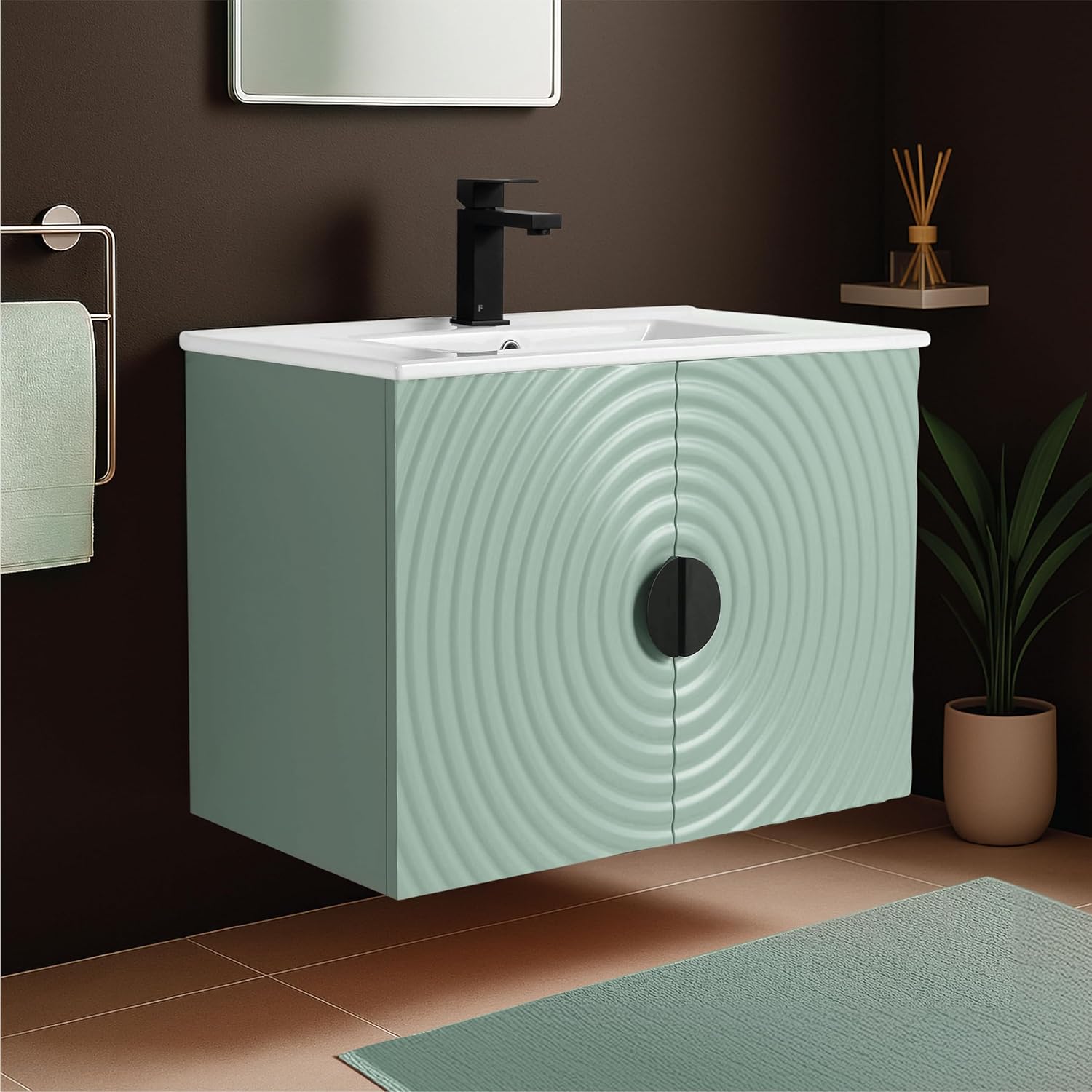 Fine Fixtures Pellabay Modern 30 Inch Bathroom Vanity with Sink Mint Green, Fluted Door Design, Floating Bathroom Sink Cabinet, Elegant Freestanding Vanity for Compact & Modern Bathrooms