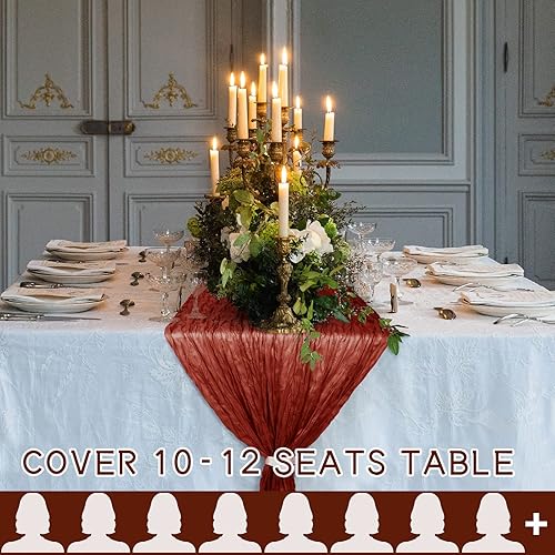 Miniatura 8 de Paquete de 12 caminos de mesa de estopa, 35 x 120 pulgadas, tela de queso de gasa arrugada, bohemio, centros de mesa románticos para mesas, mantel