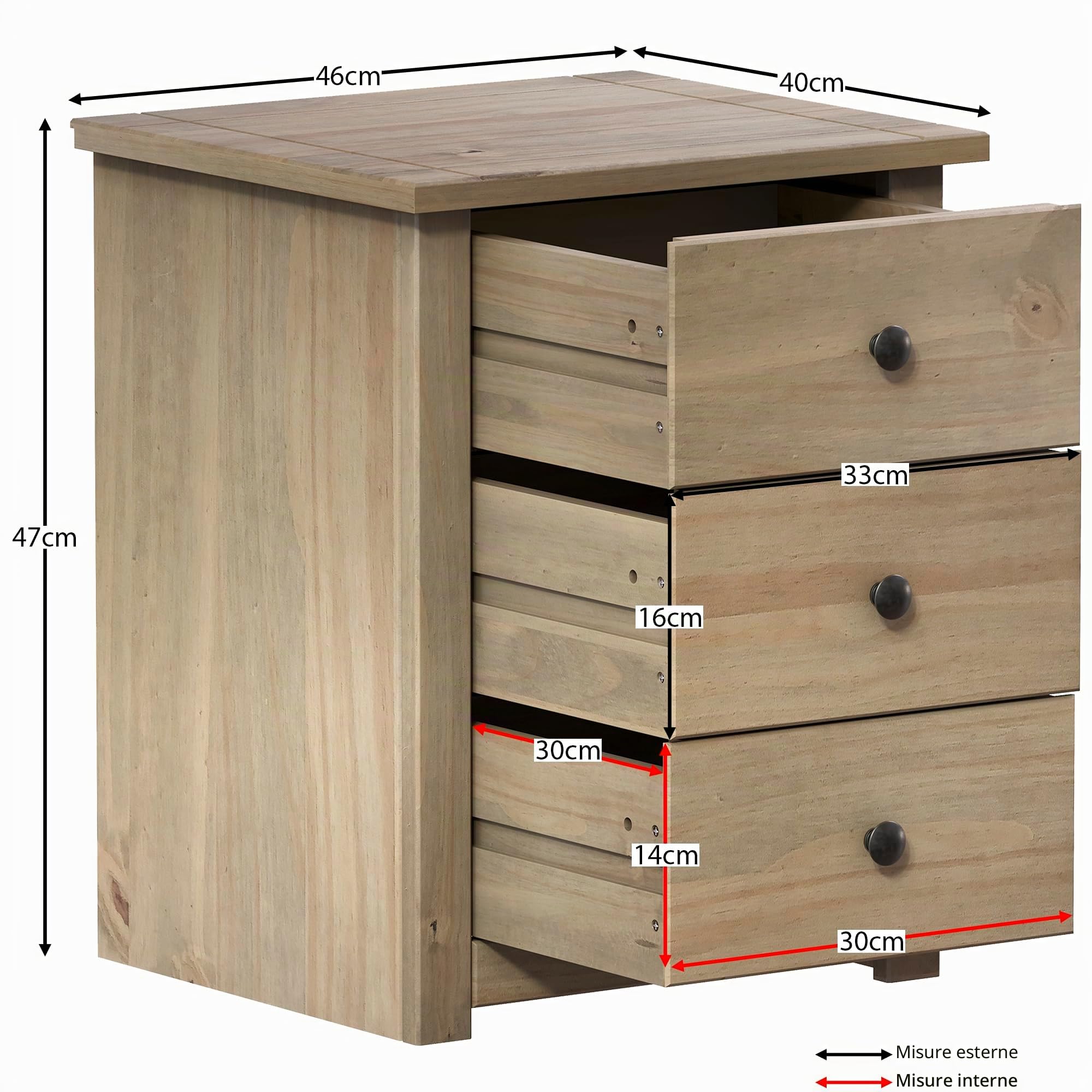 Home Discount-Comodino con 3 cassetti, in pino massiccio cerato Bedroom Furniture Shelving