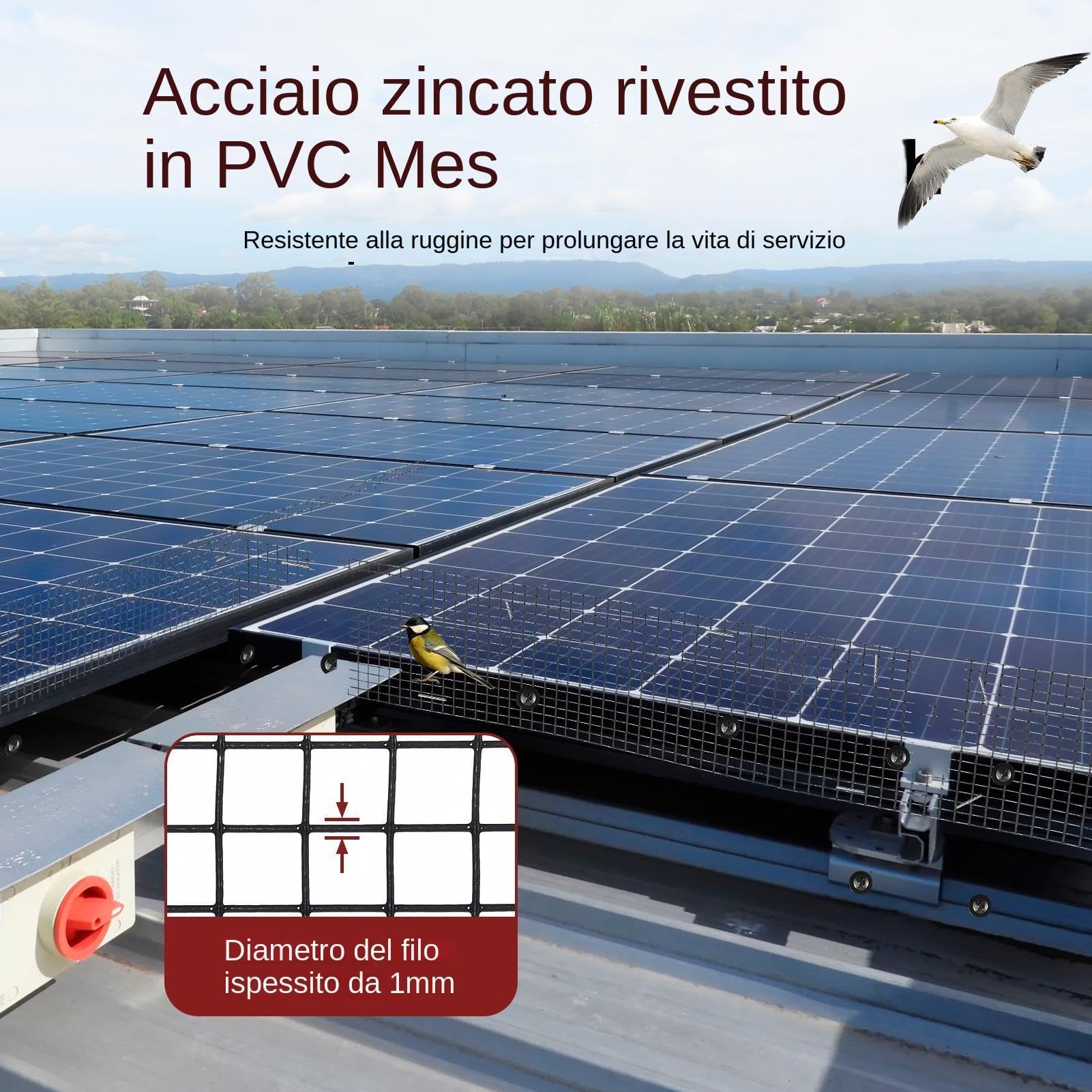 Rete anti piccioni per fotovoltaico 20 cm x 30 m kit protezione pannelli solaris con 100 ganci installazione senza fori anti uccellis 1 mm Diametro del filo