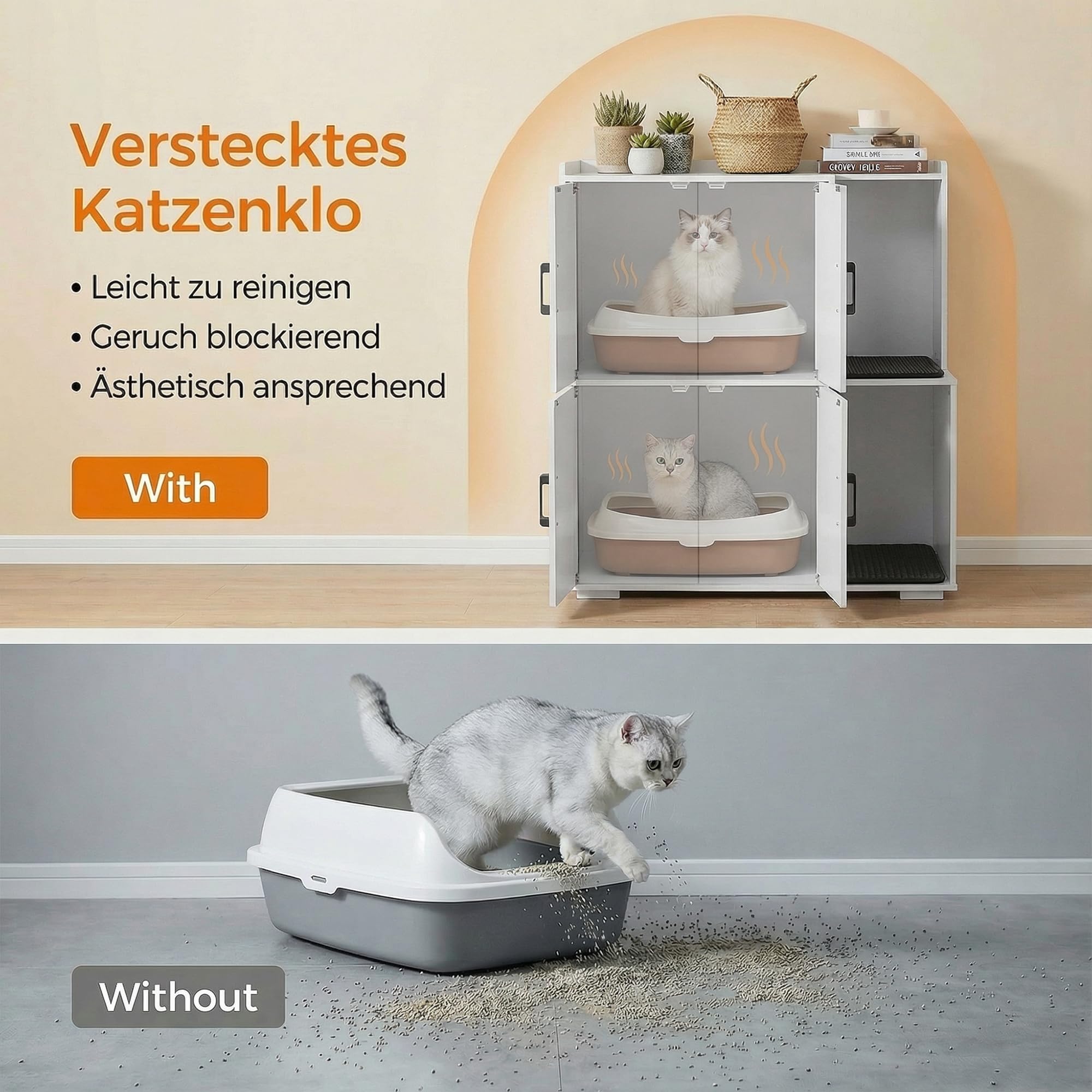 Katzenklo Schrank für 2 Katzen, Katzentoilette Schrank Zweistöckiger, Katzenklo Haus, Katzenhöhle Holz, mit Zwei Katzenstreu-Matten, 80 x 46.5 x 91.5 cm, Weiß