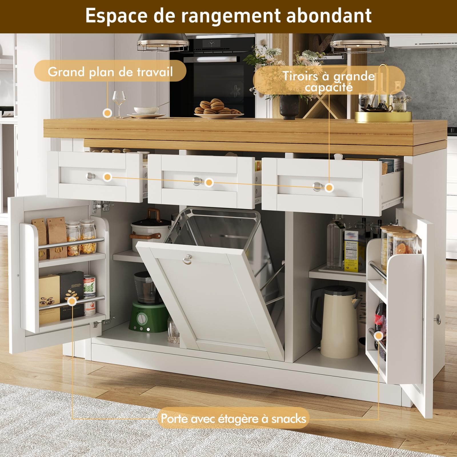 YEHTOKHOME Îlot Central Cuisine avec Rangement et Plan de Travail, Table à Manger Extensible 120-200 cm, 3 Tiroirs et 2 Portes, Étagère Snack, Support Poubelle, Table de Bar (A-Blanc)