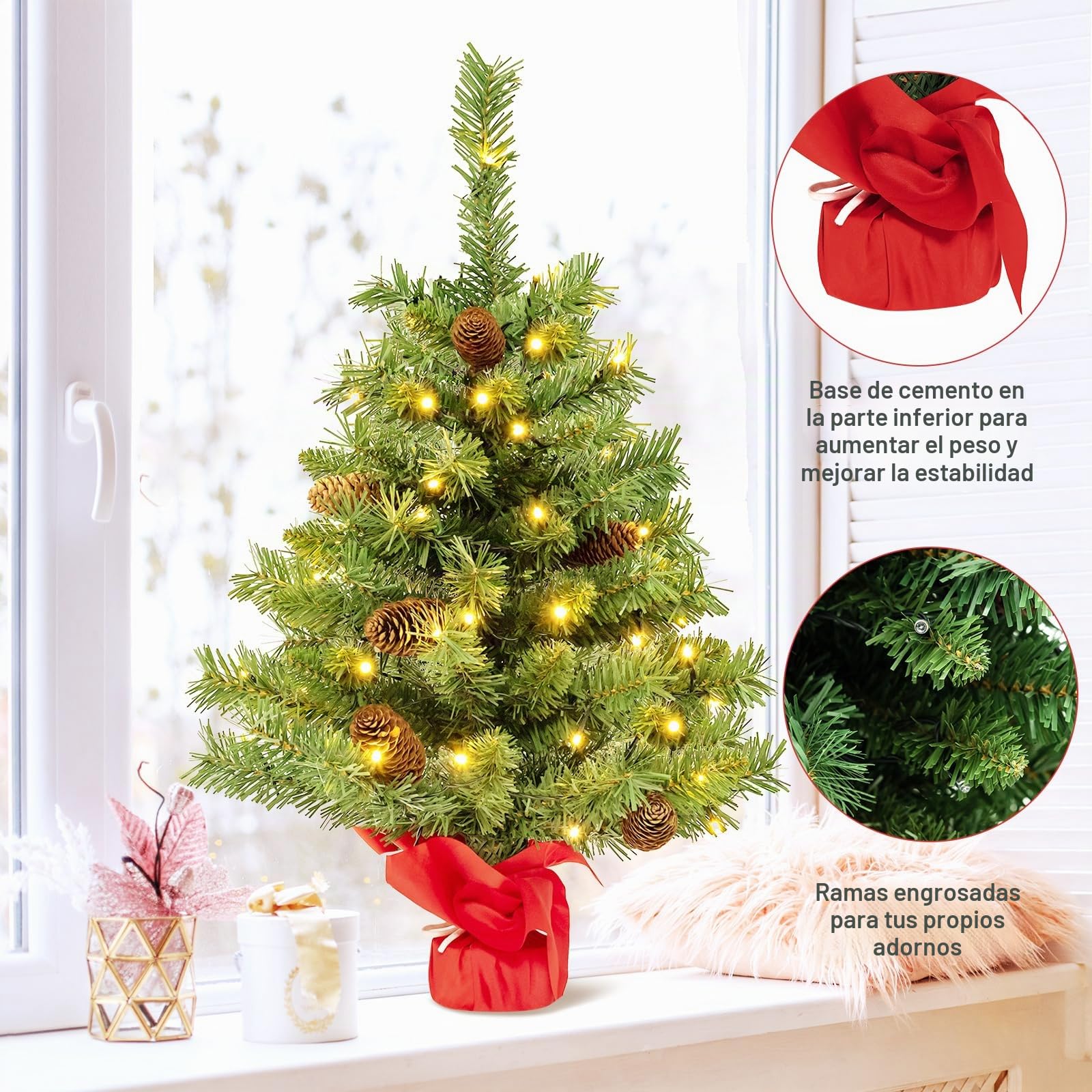 KOMFOTTEU Árbol de Navidad Artificial de 64 cm, Pequeño Árbol Navideño con 50 Luces LED y 8 Modos de Luz, Árbol Decorativo de Mesa con 75 Puntas de Ramas y 8 Piñas (64cm, 50 Luces)