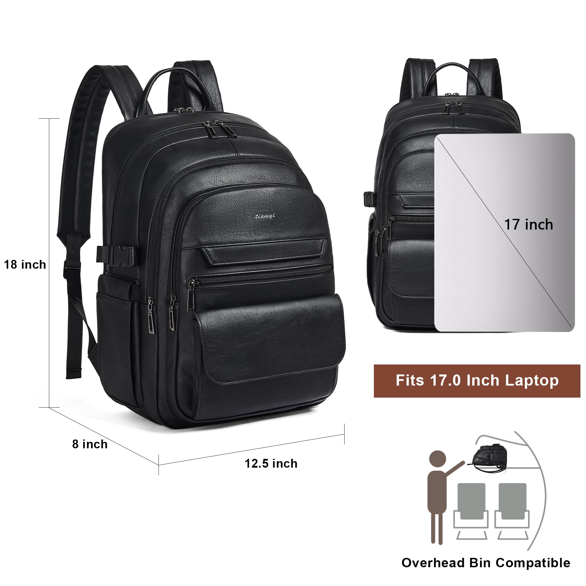 Zaino in pelle vegana, zaino da viaggio TSA per uomo e donna, adatto per notebook da 17 pollici, con tracolla per bagagli e porta USB, nero