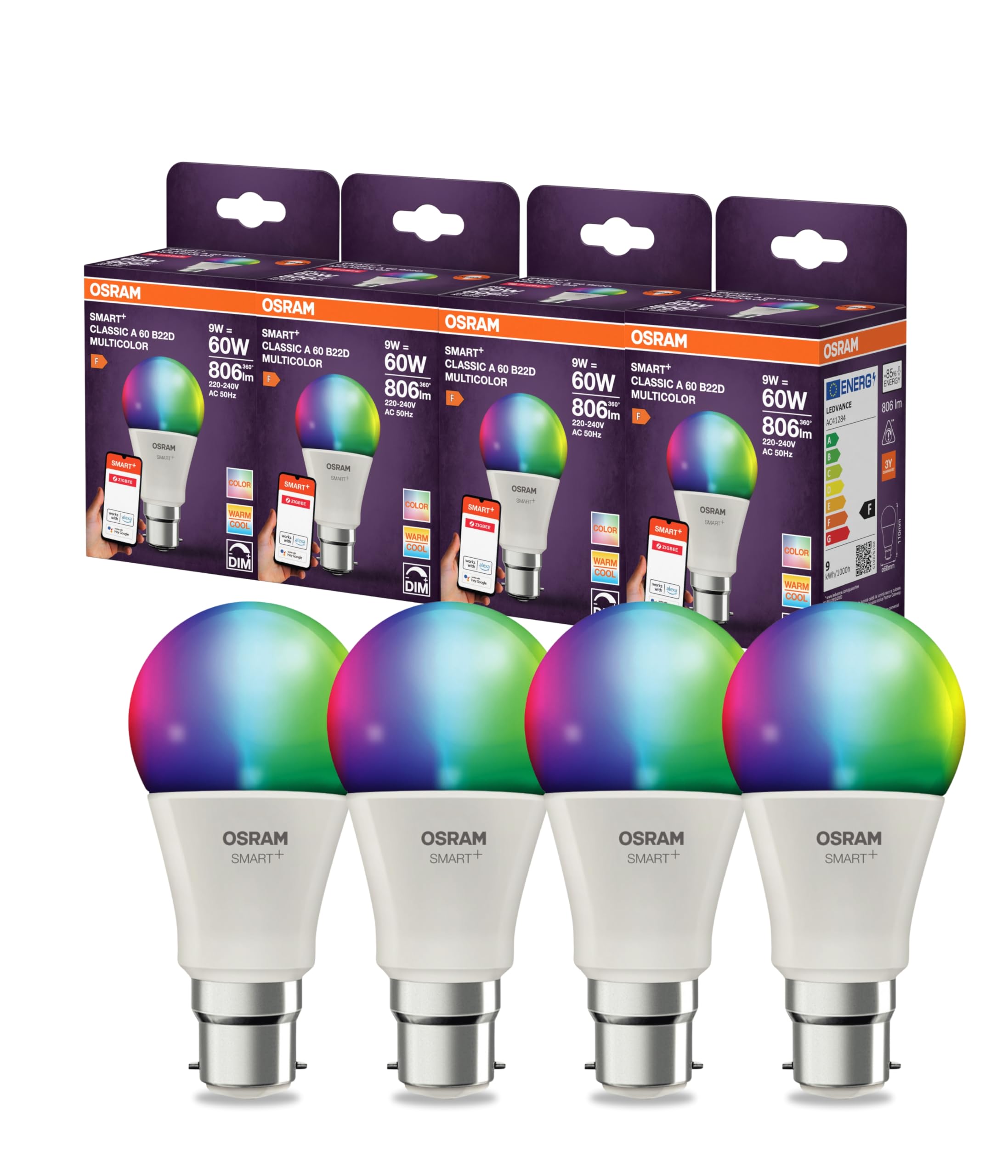 Osram SMART LED A60 Kolbenform B22D 9W ZigBee RGBW Farben | SMART+ ZIGBEE Multicolor Classic, LED Lamps, Weiß, 60 mm dia, 20000 h, 4-Pack