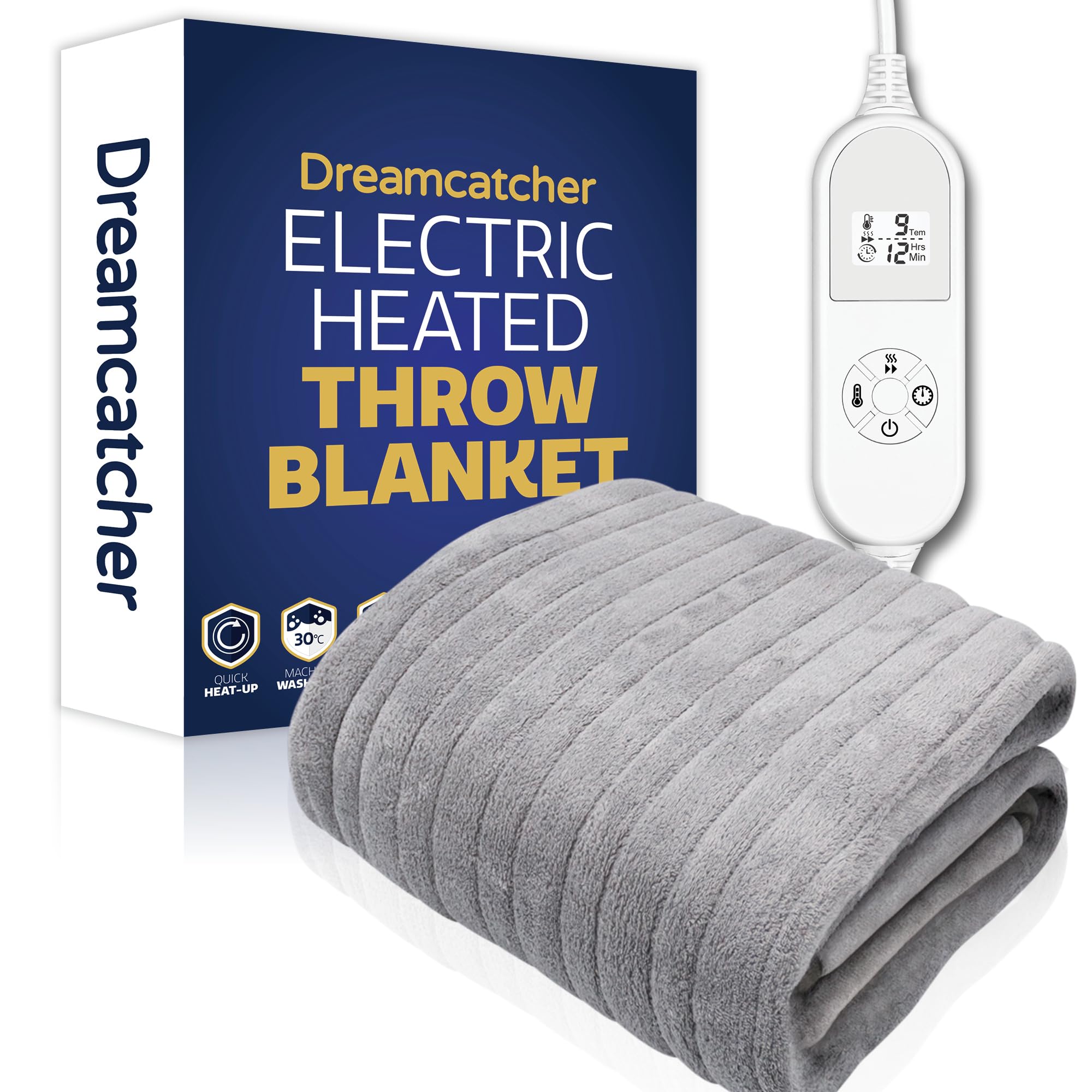 Dreamcatcher Light Grey XL Heated Throw Electric Blanket, 180 x 130cm Heated Blanket Machine Washable Soft Fleece Electric Throw Overblanket with 12HR Timer and 9x Control Heat Settings