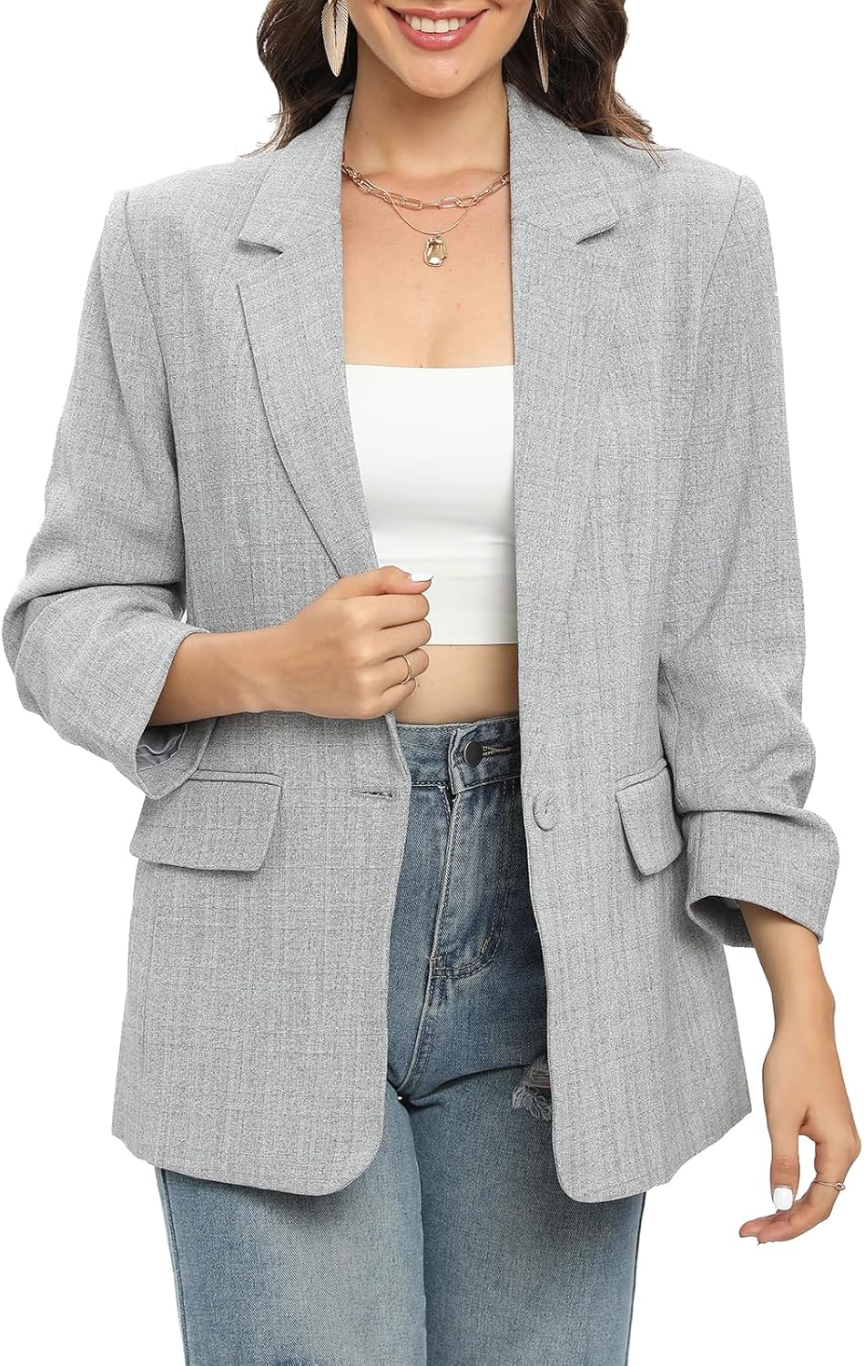 TRNY Womens Blazer Ruched Sleeve Notched Lapel Suit Blazers Jackets with Pockets for Women Business Casual and Work Office