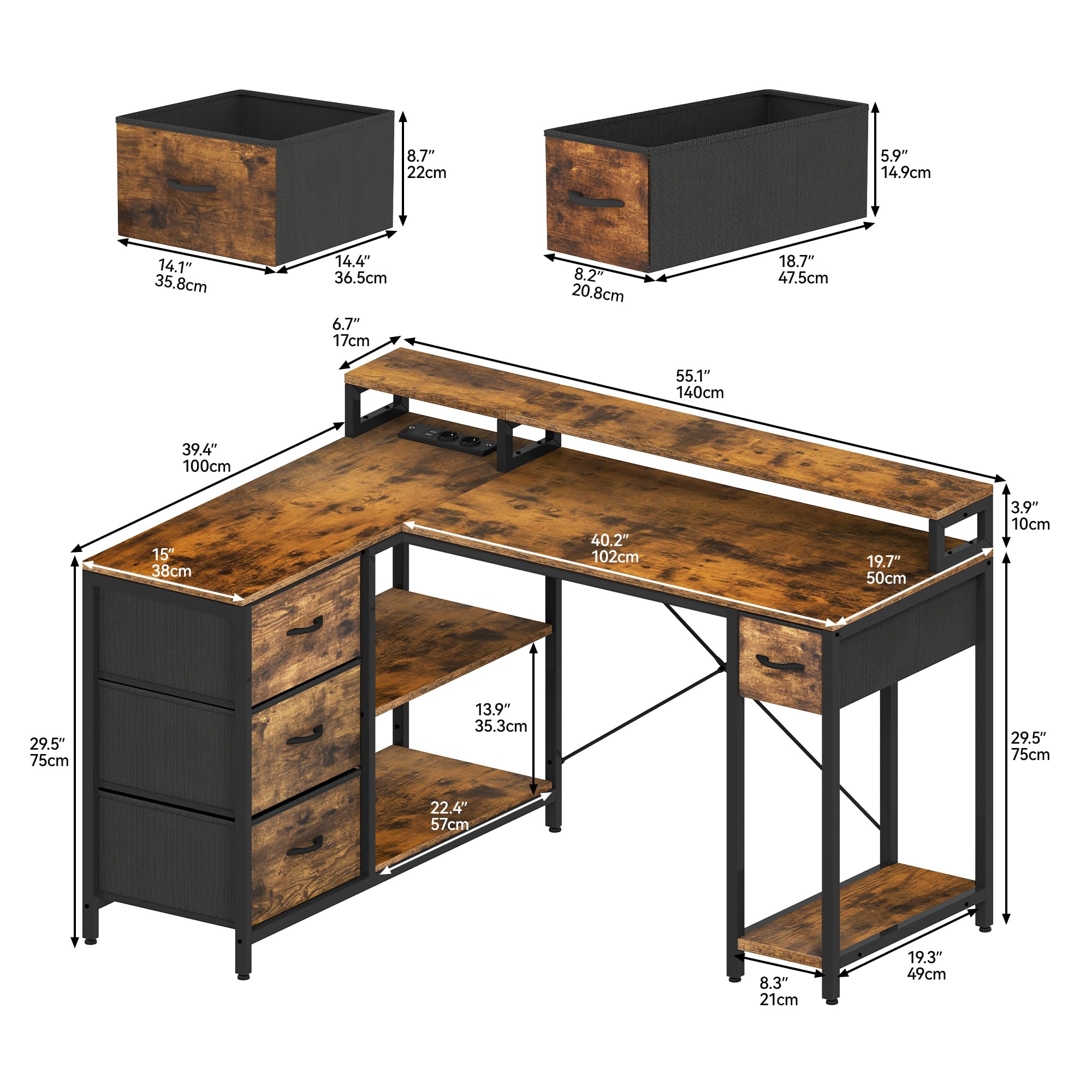 YITAHOME L Form Schreibtisch mit USB Ladeanschluss und Steckdose,Reversible Eckschreibtisch mit 4 Schubladen und Regal,Gaming Schreibtische mit Monitorständer,140x100 cm Computertisch für Büro,braun