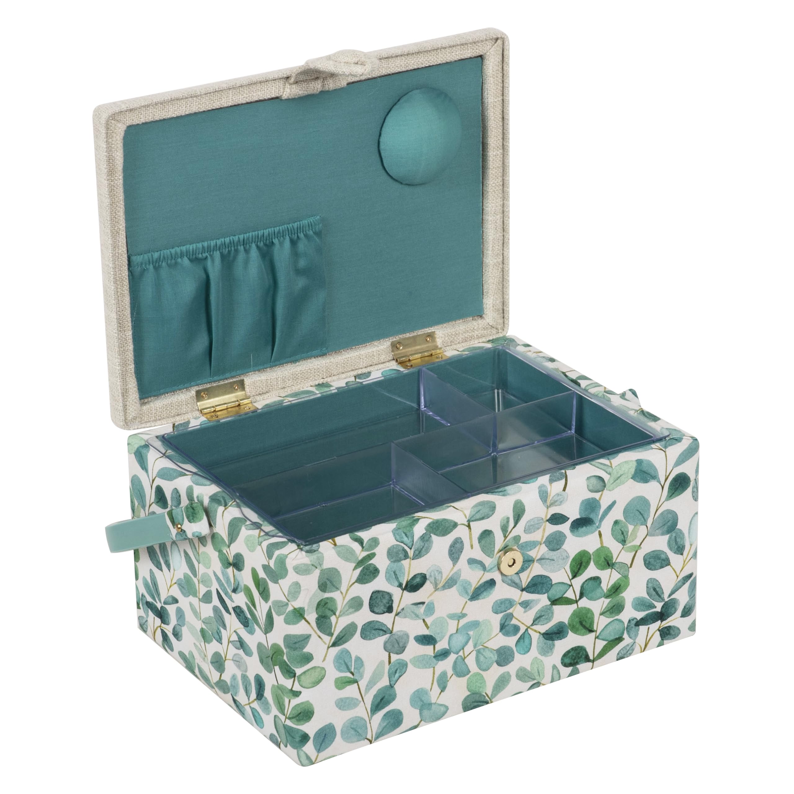 Hobby Gift Caja de Costura Mediana con Asa, Cesta de Algodón para Almacenaje de Costura, Organizador con Compartimentos para Herramientas y Accesorios, 18,5 x 25,5 x 14,5 cm, Eucalipto