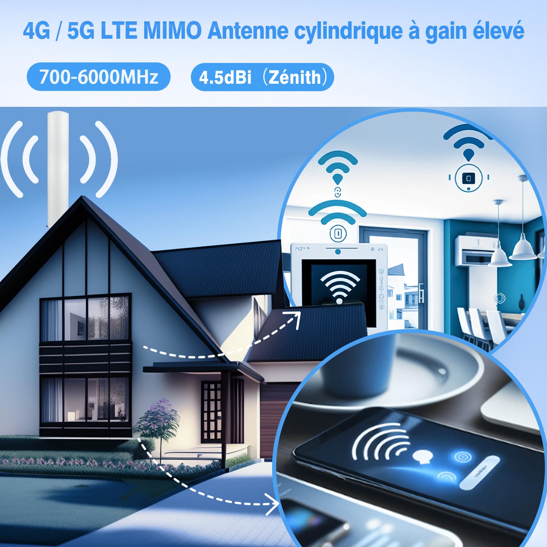 Maswell Antenne Extérieure Externe 5G 4G WiFi 6-2X2 MIMO Omni Full Band 700-6000 MHz, Jusqu'à 4.5 dBi Gain - Compatible avec O2, Vodafone, Three, EE - SMA Mâle avec Adaptateur TS9
