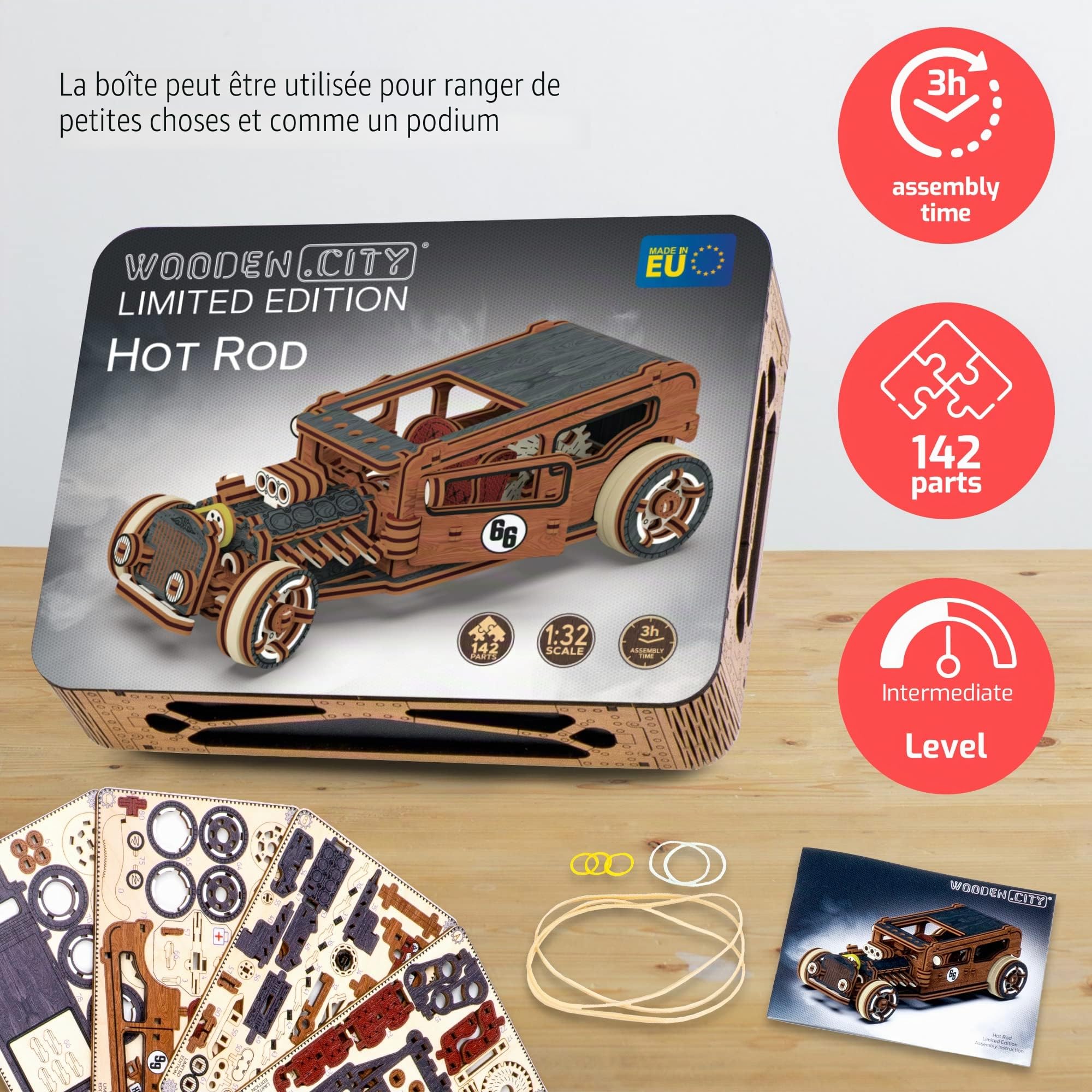 WOODEN.CITY Hot Rod Limited Edition - Kits de Maquettes en Bois 3D pour Adultes pour Construire des Voitures - Casse-tête Rétro en Bois 3D 142 pièces, Kit de Voiture en Vois à l'échelle 1/32