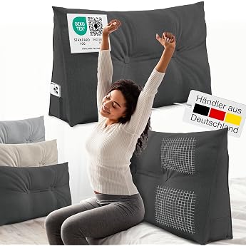 ELONEO Back Cushion 70 cm Wide Wedge Cushion for Bed and Sofa Triangular Reading Cushion Removable and Washable Cover Practical Side Pocket