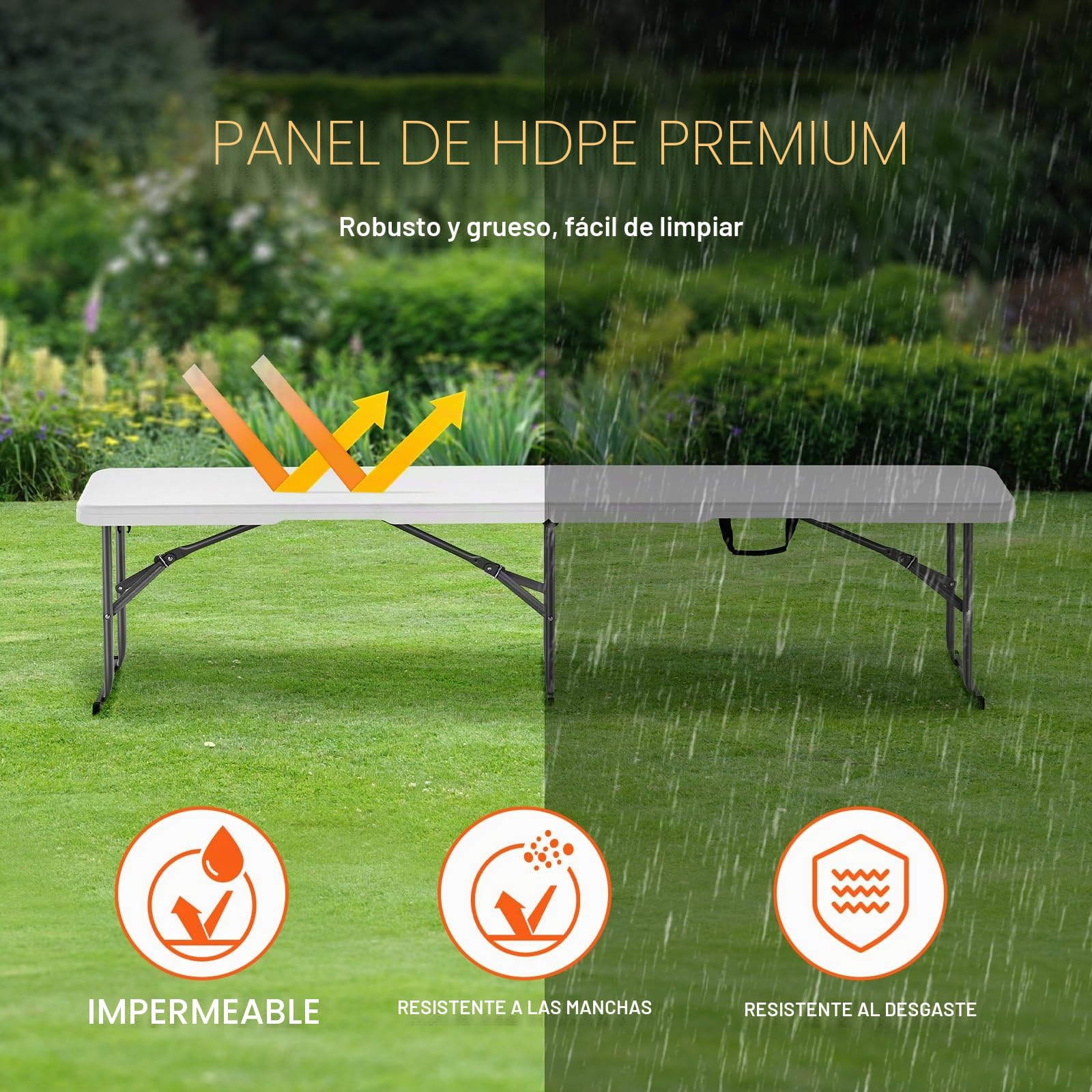 VEVOR Banco Plegable de Plástico Portátil de 183 mm, Banco de Exterior Impermeable de HDPE, Asiento de Comedor para Pícnic y Camping con Asa de Transporte, Blanco, 1820 x 280 x 430 mm, 2 Unidades