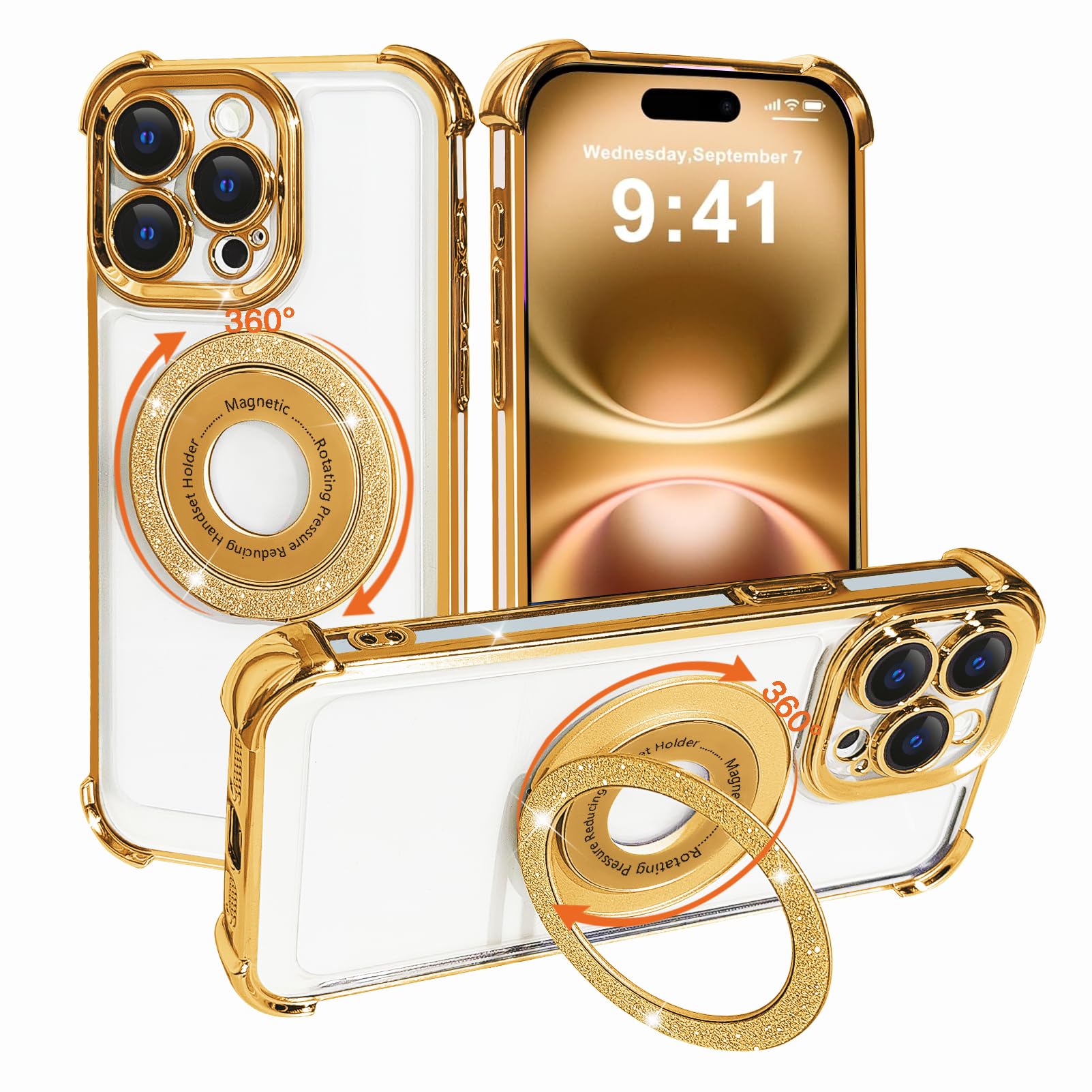 Uioeua for iPhone 15 Pro Max Case with 360° Spin Magnetic Stand [Compatible with Magsafe][16FT Military Shockproof Protection],Luxury Bling Glitter