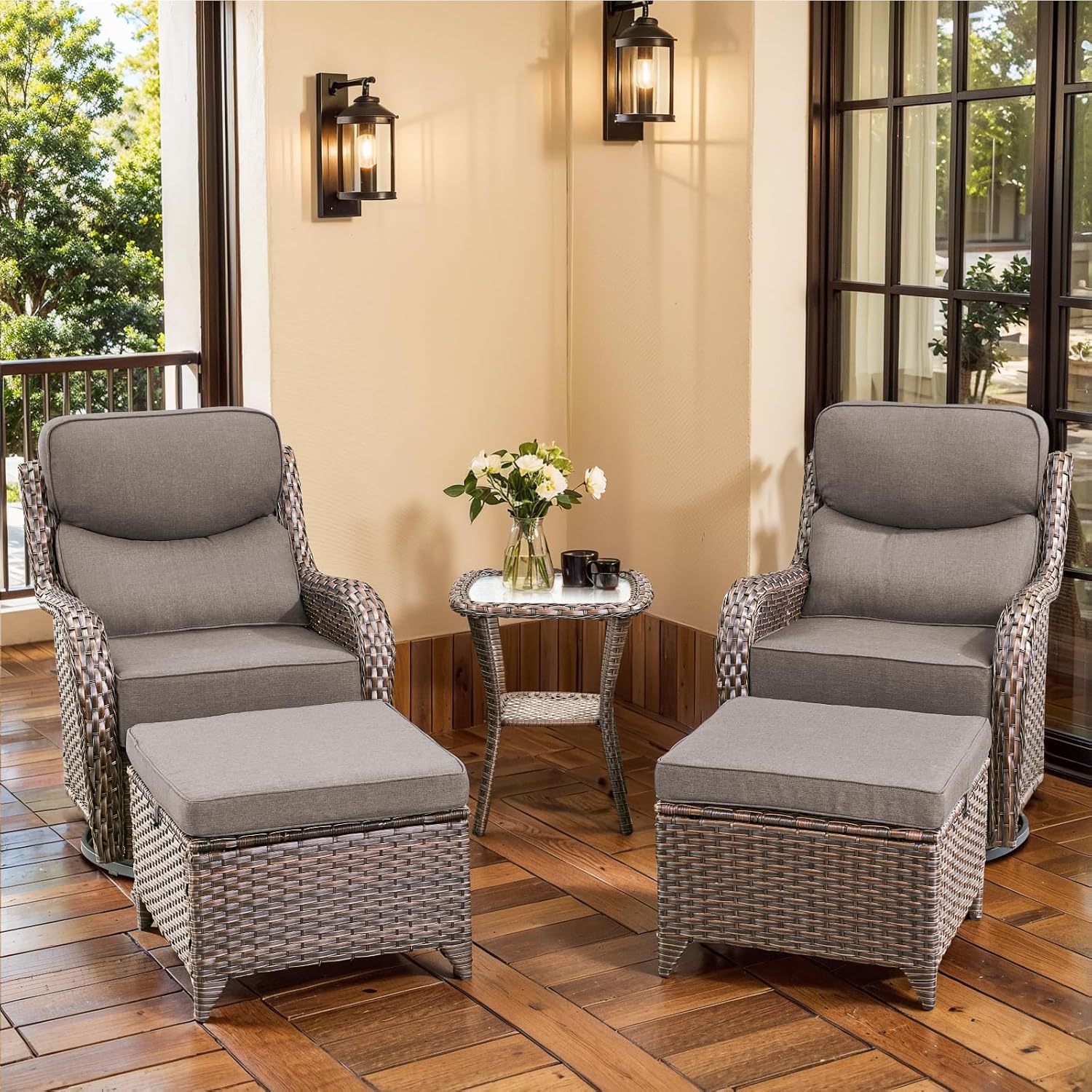 Luxury Outdoor Furniture Set with Swivel Chairs, High Back Swivel Patio Chairs with Ottoman, Side Table & 6-Inch Thick Cushions, Wicker Swivel Chairs Set for Porch, Yard, Deck, Poolside, Brown/Grey