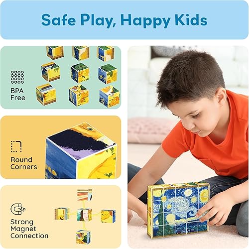 Miniatura 6 de PicassoTiles Rompecabezas magnético de bloques de construcción de 1 pulgada para niños rompecabezas de Van Gogh rompecabezas de mano Mona Lisa