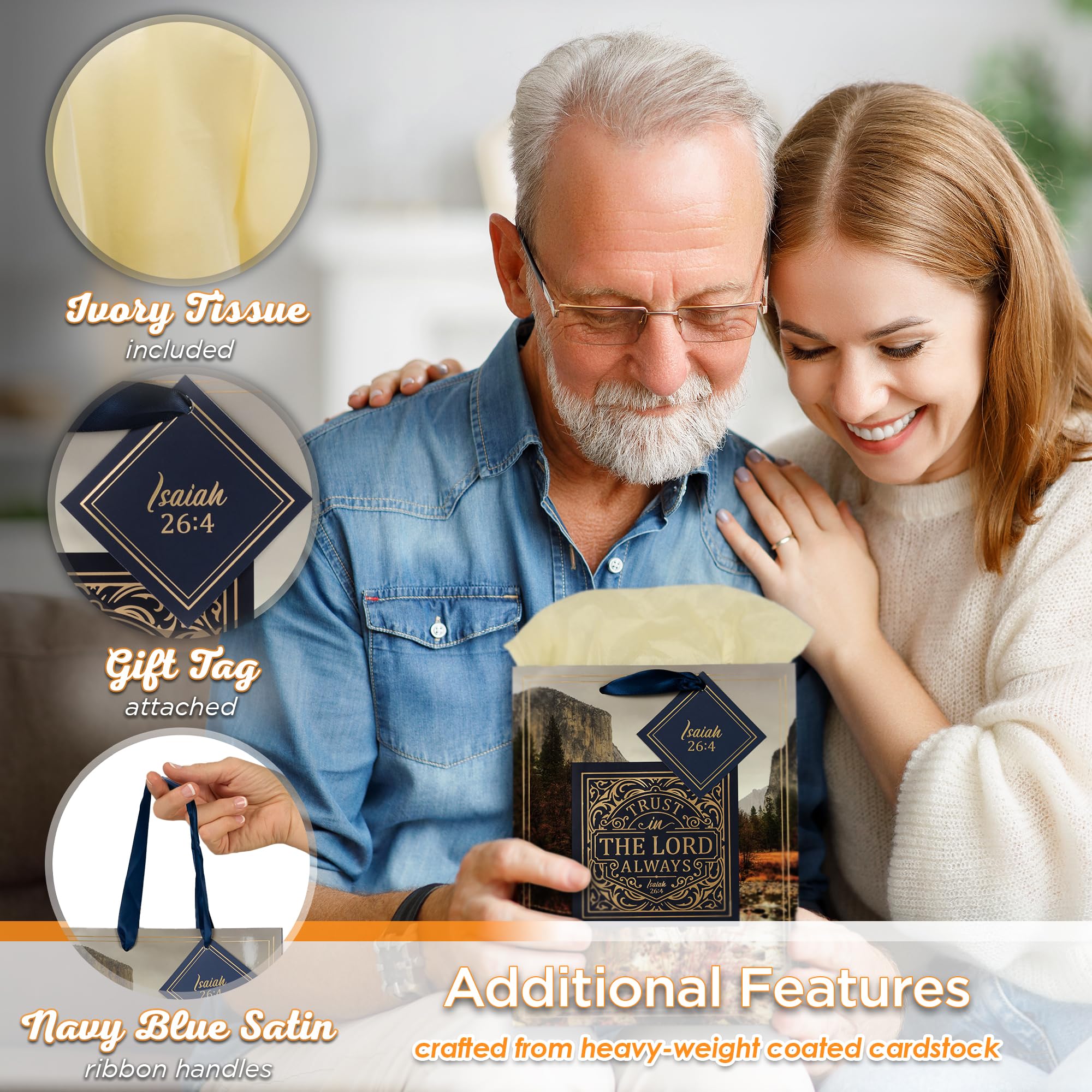 Christian Art Gifts Gift Bag/Tissue Paper Set Trust In The Lord Always Isaiah 26:4 Bible Verse, Blue/Gold, Medium