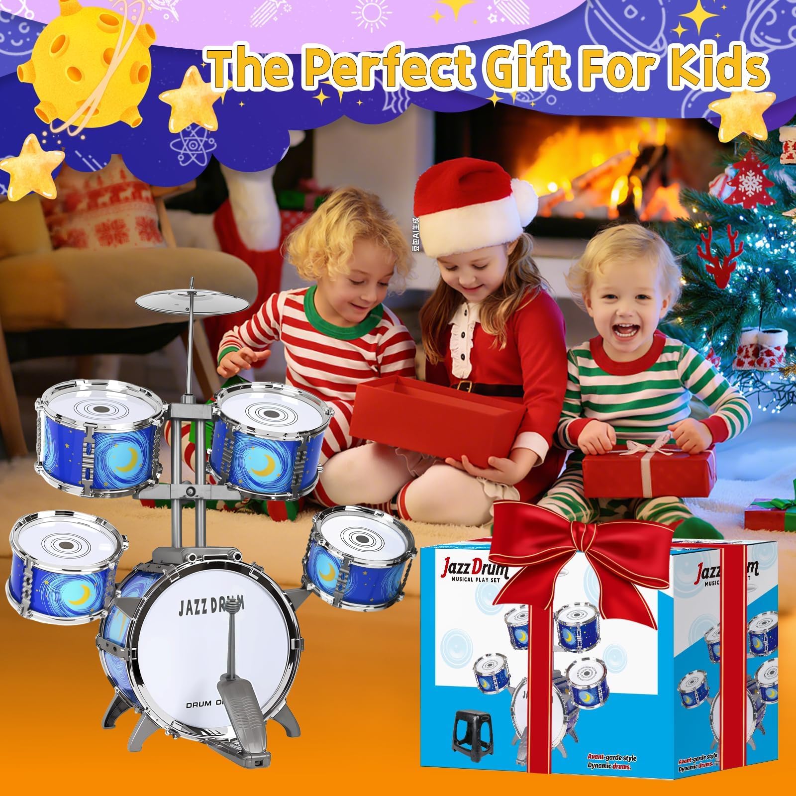 Kinder Schlagzeug Spielzeug von 3-7 Jahre - Kinderspielzeug Schlagwerk Drumset mit Hocker Musikspielzeug Weihnachten Geburtstag Geschenk für Kleinkinder Jungen Mädchen, Blau | Pädagogisches Musikinstrument für Anfänger, Geschenk für Kinder Mädchen Geburts