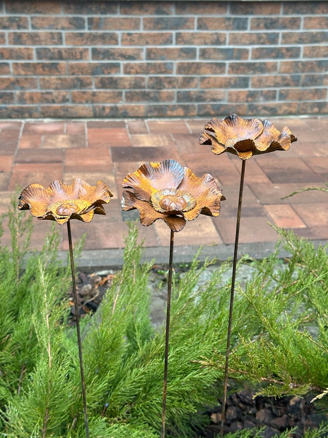 Rusty Flowers Set of 3, Poppy Flowers Garden Stakes, Metal Yard Art, Rusty Metal Garden Decor
