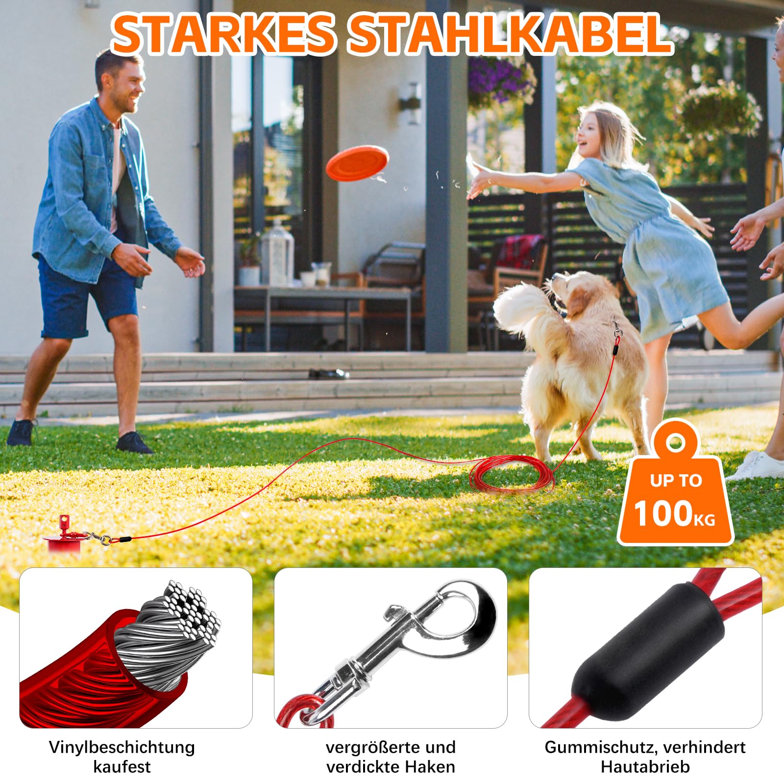 Bodenanker Hund mit Lock-Cap Verhindert das Herausziehen, 6M Leine withBodenanker Hund für Draußen,Hof,Strand&Camping,Rostfreie Anlegepflock für Hunde Groß für Hundekabel, bis zu 250lbs