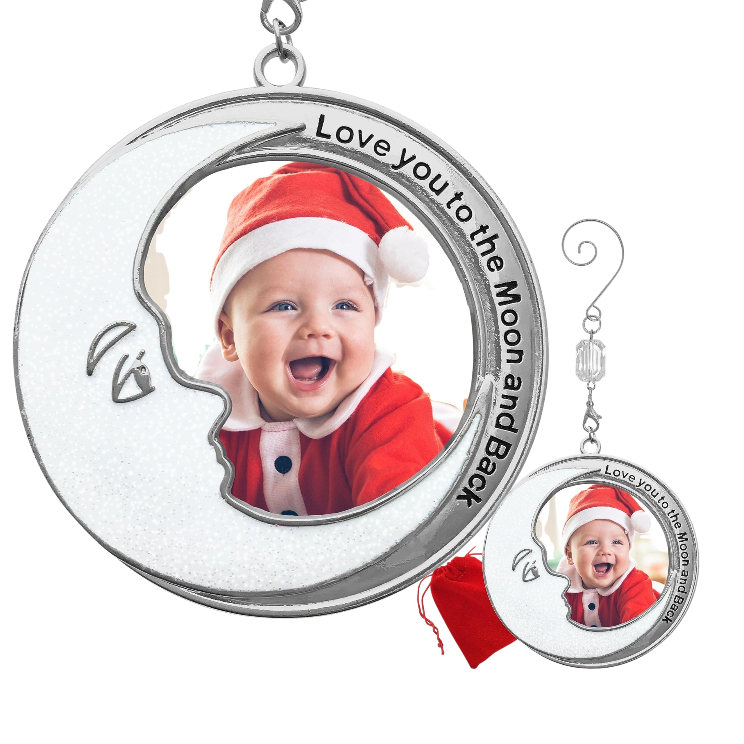 Décoration Noël photo bébé personnalisée lune blanche pailletée pour sapin premier Noël