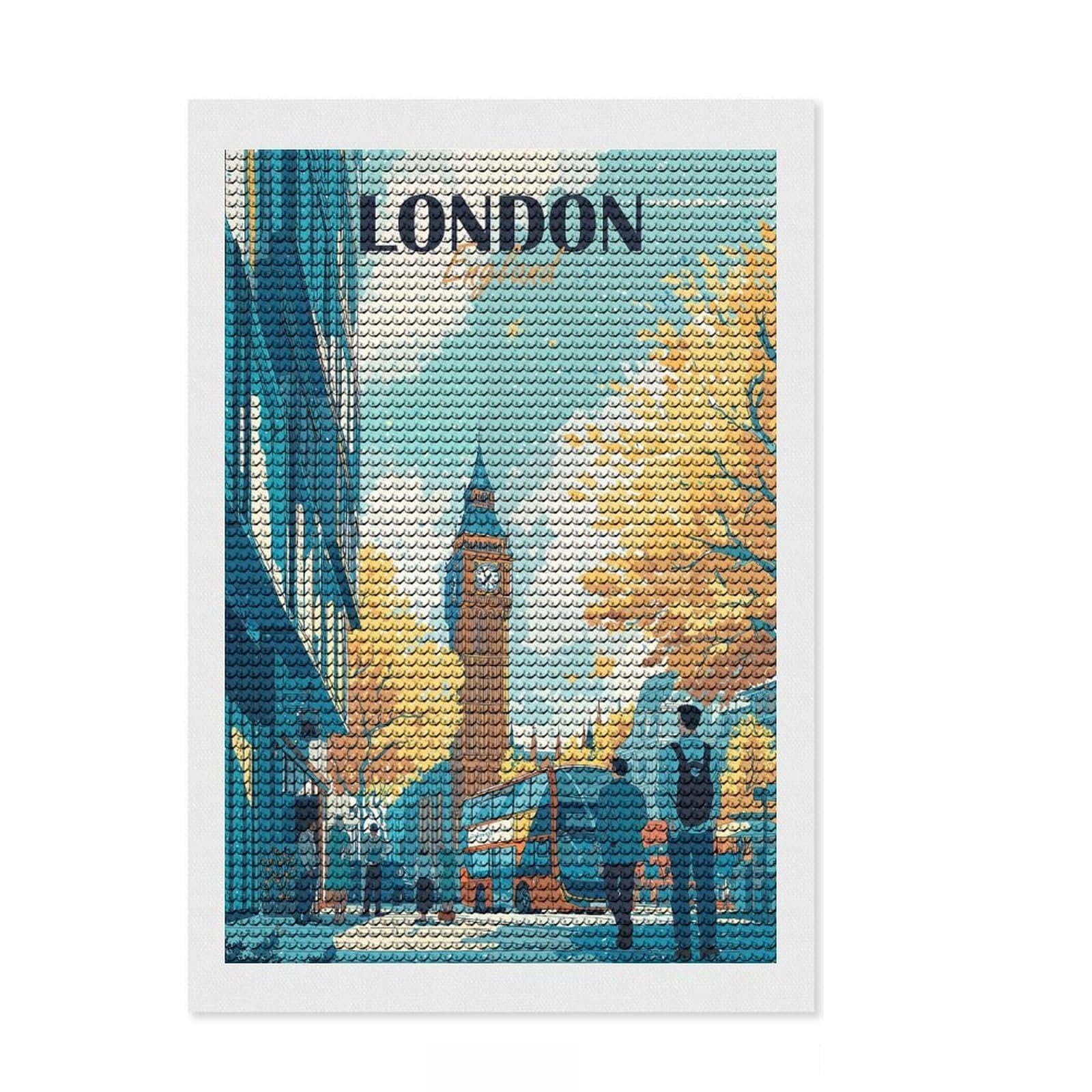 Junmoney London England Travel Diamond Style Art Kit 8"x12", Winter Craft, Gift Idea, Farmhouse Decor, Thoughtful Present, Office Decor