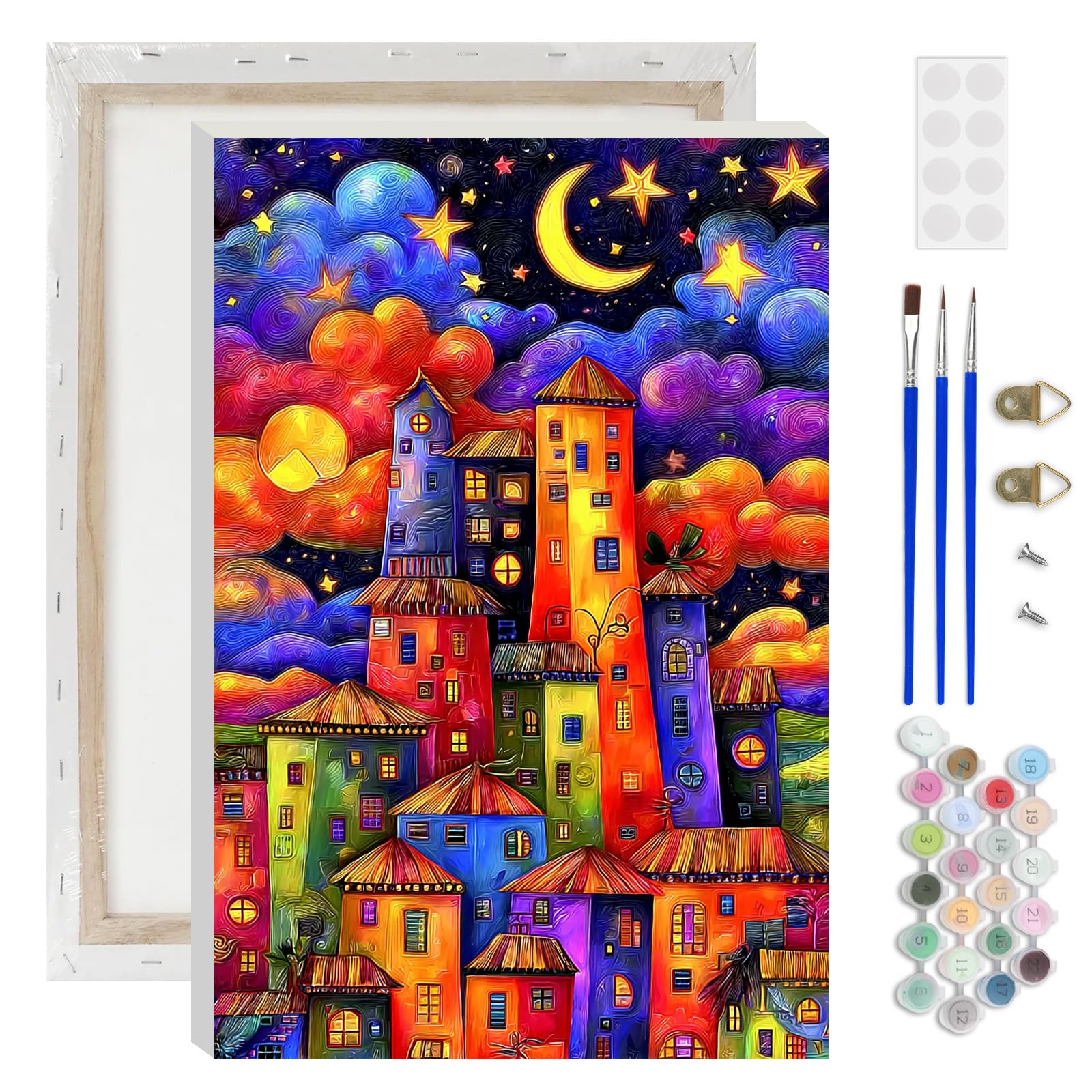 AIRDEA Whimsical Cityscape Paint by Numbers for Adults, Magical Night Sky Painting by Numbers for Adults, DIY Acrylic Pigment Drawing Paintwork Arts and Crafts Painting Kit 8x12 inch (Framed)