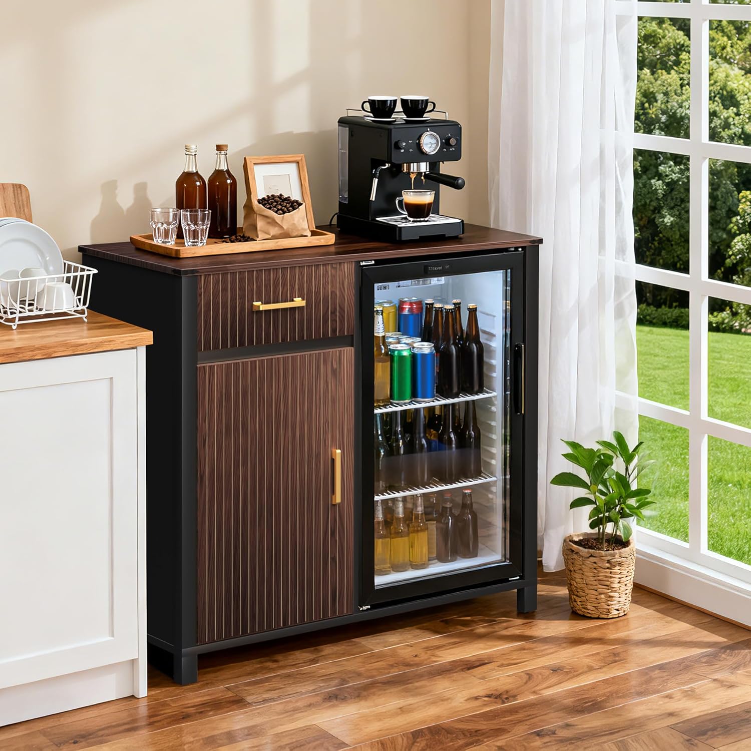 Coffee Bar with Mini Fridge Space, Mini Fridge Cabinet with Drawer Storage and Adjustable Shelves Fits 20" Fridge, Fluted Modern Design Wine Cabinet for Kitchen Dining Room, 39.4" L x 20.9" W
