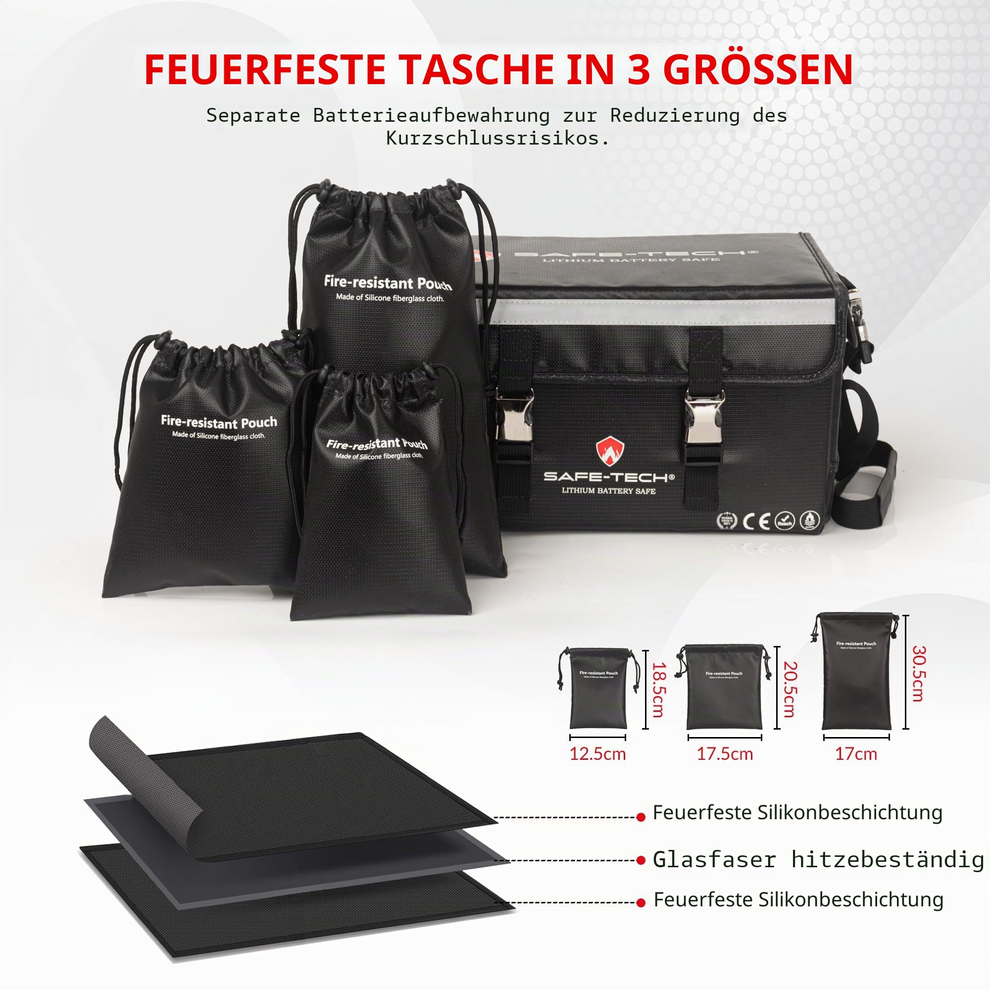 SAFE TECH Heavy Duty Feuerfeste Lipo Batterietasche 35 × 21 × 18 cm, Großer Batterie-Aufbewahrungskoffer mit verstellbaren Trennwänden für DeWalt, Makita LXT & Lithium-Ionen-Akkus