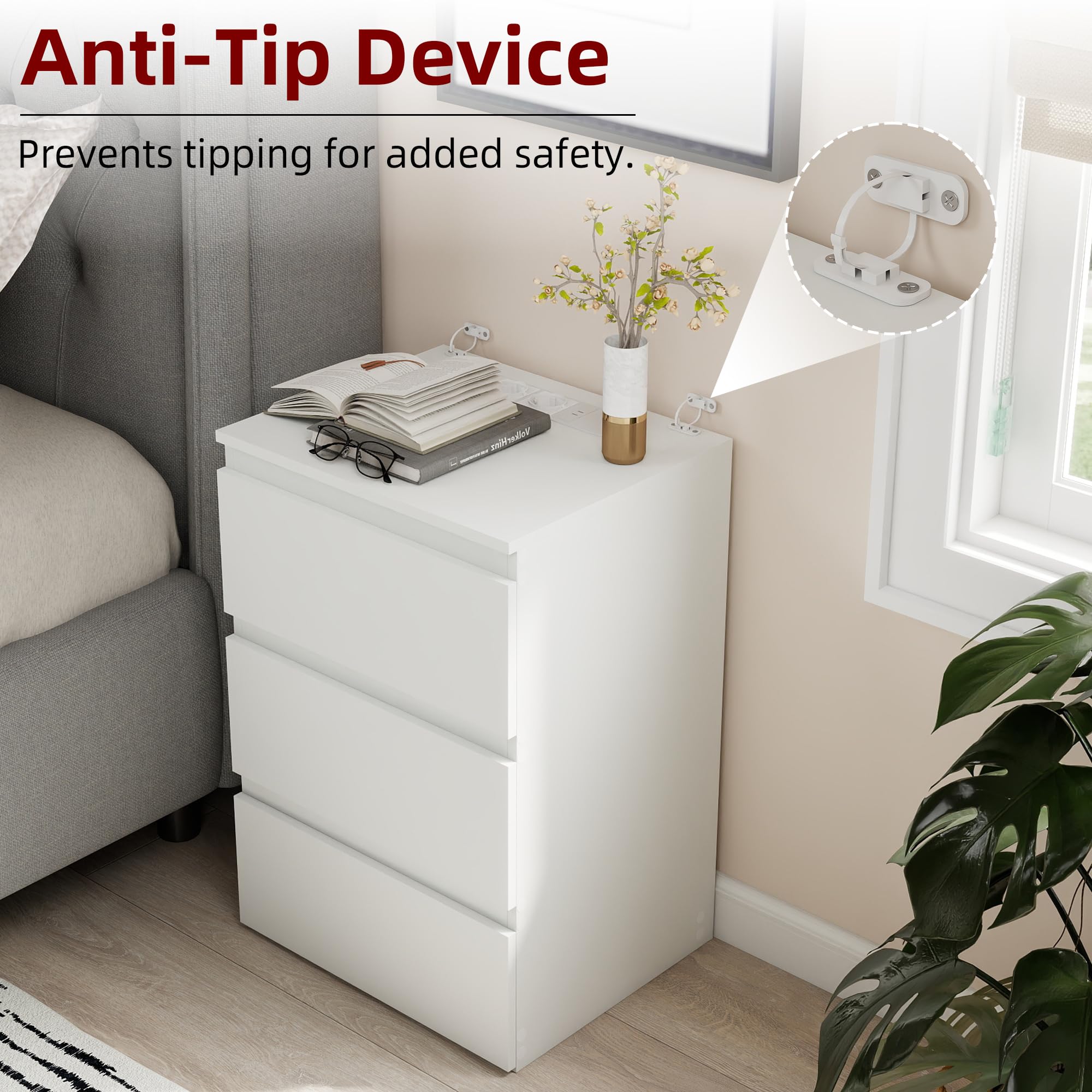 Mesita de Noche con 3 Cajones, Mesilla de Noche Blanca con 2 Enchufes AC y 2 Puertos USB, Mesa Auxiliar con Estación de Carga para Dormitorio y Salón, Moderna, 40 x 35 x 60 cm