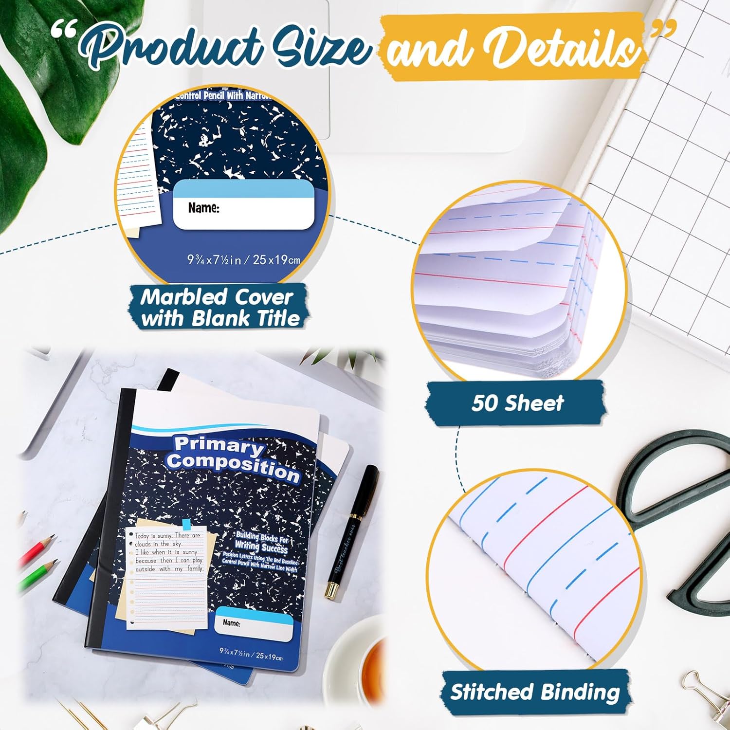 Watersay 60 Pack Primary Ruled Composition Notebook, Grade K-2 Journal 50 Sheets, 7-1/2" x 9-3/4" Primary Composition Book Writing Notebook for Kids Kindergarten Preschool 1st 2nd Grad (Blue)