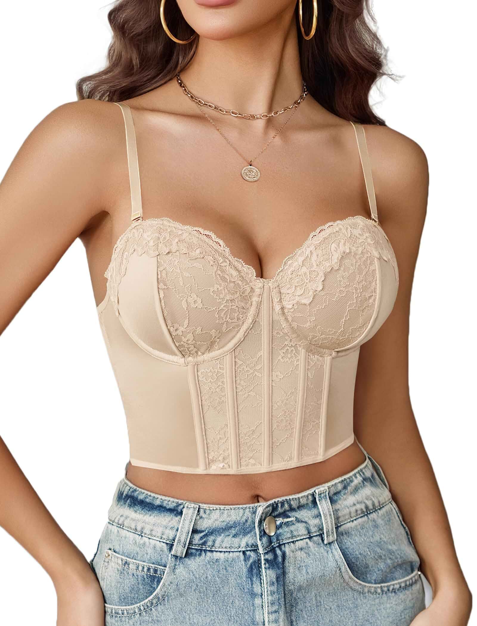 Avidlove Bustier Tops for Women V Neck Lace Bralettes with Underwired Sexy Corset Concert Crop Top Sleeveless