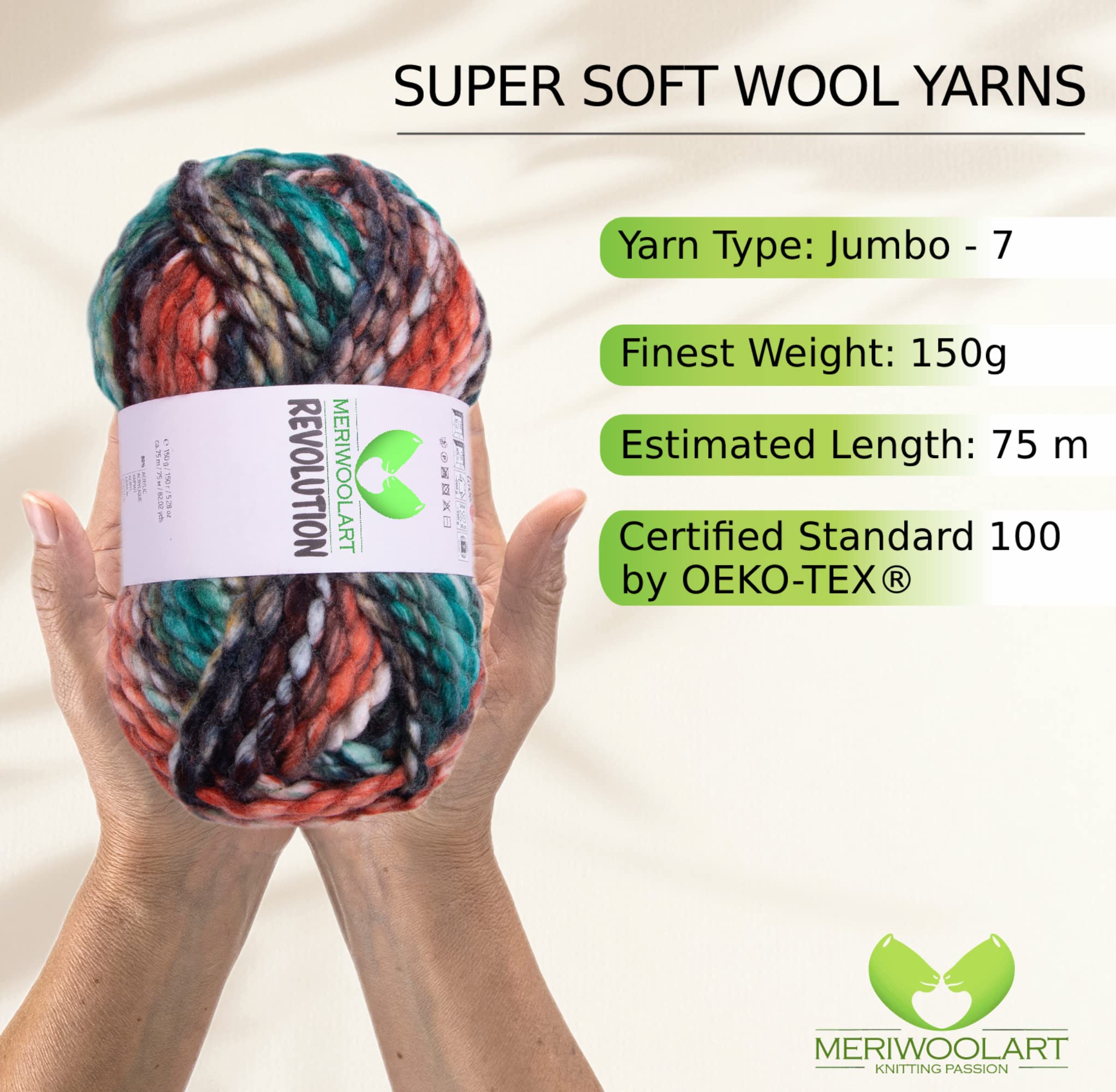 MERIWOOLART Merino Wool for Knitting, 75m Multicoloured Thick Soft Merino Wool Yarn - Image 2