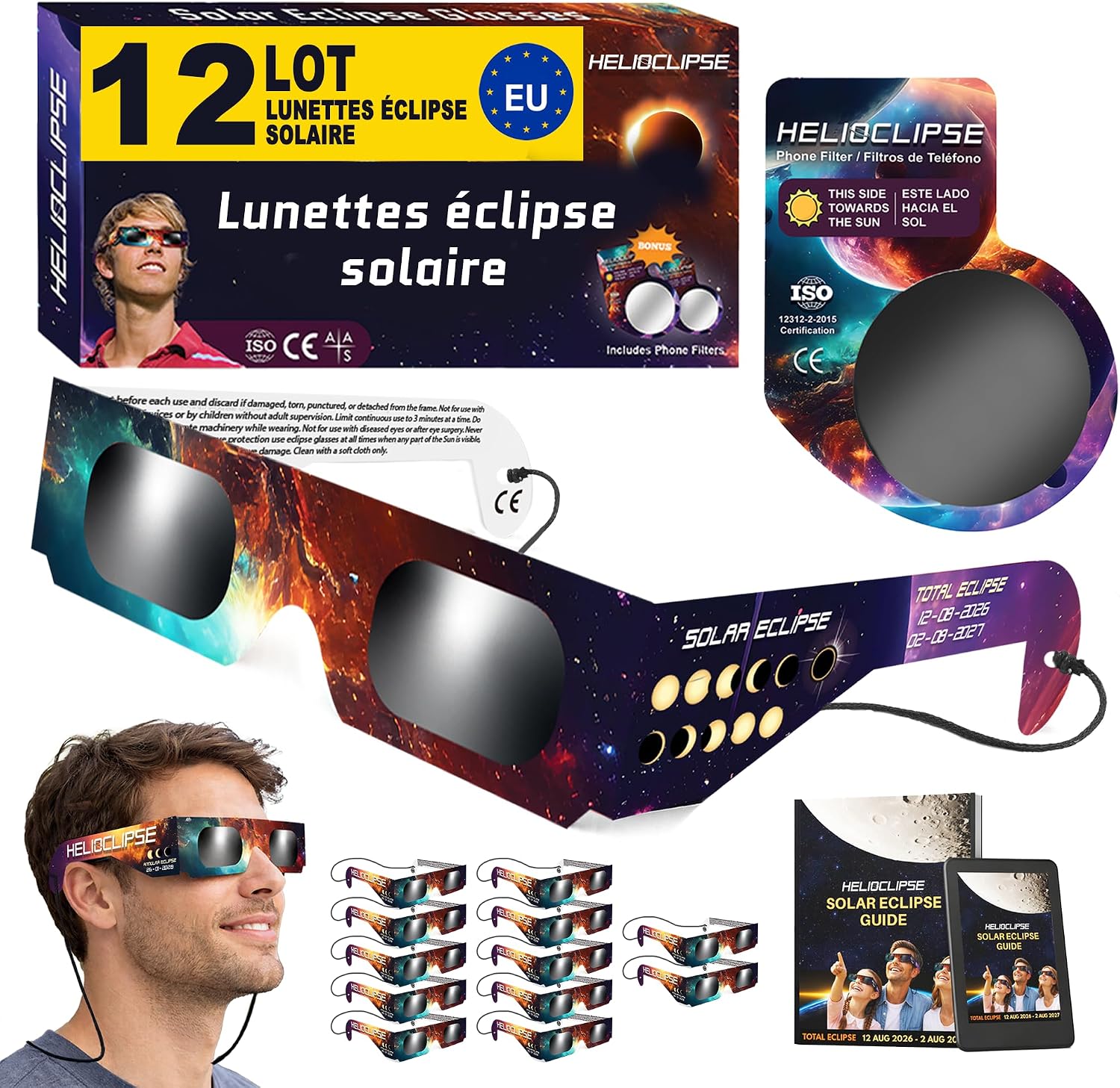 Lunettes d'éclipse certifiées ISO 12312-2 (lot de 6)