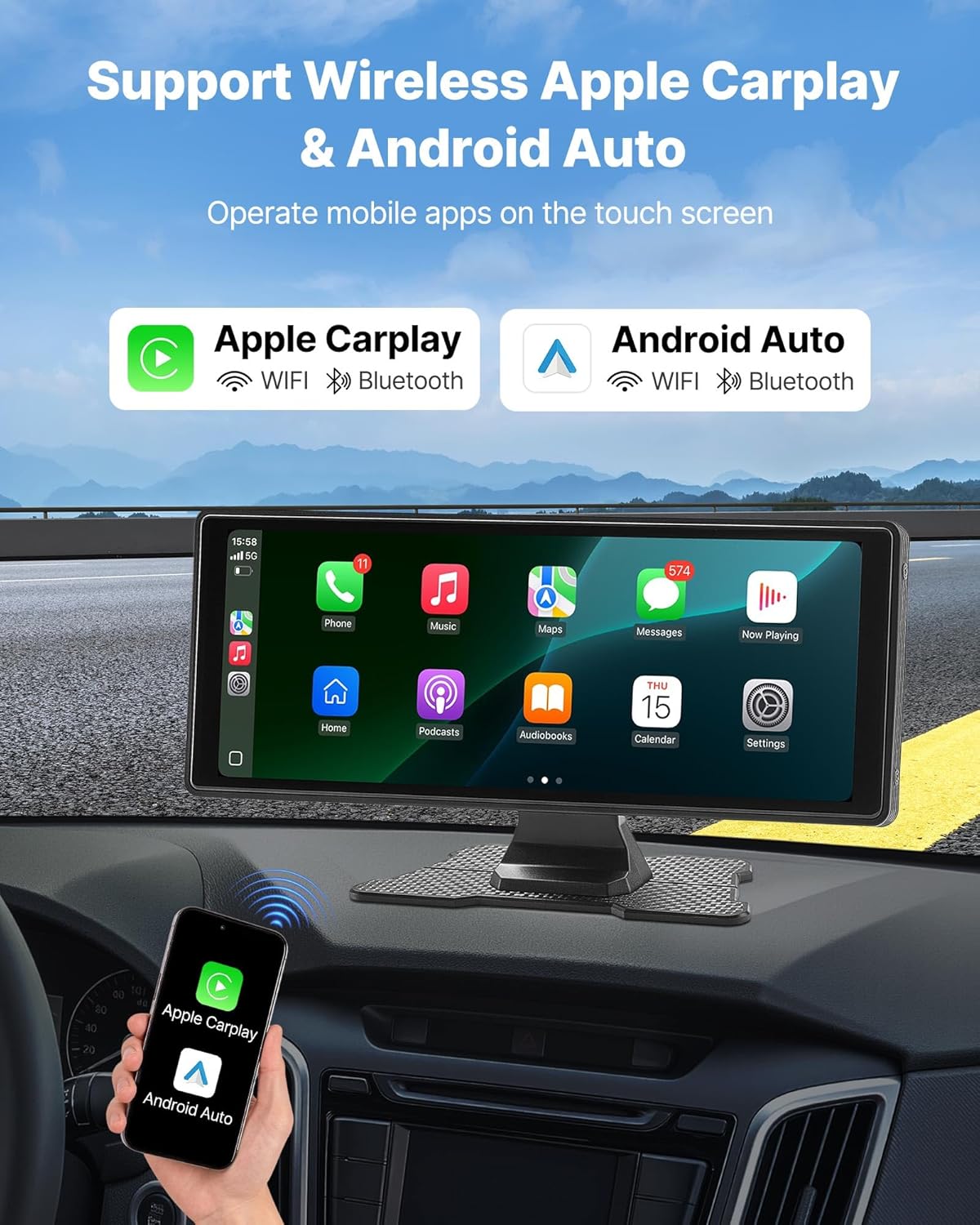 VEVOR Wireless Car Stereo, 10-Inch HD Portable Radio Touch Screen with Apple CarPlay and Android Auto, CarPlay Screen with Front & Backup Cameras, Voice Control, Mirror Link, Bluetooth, GPS Navigation