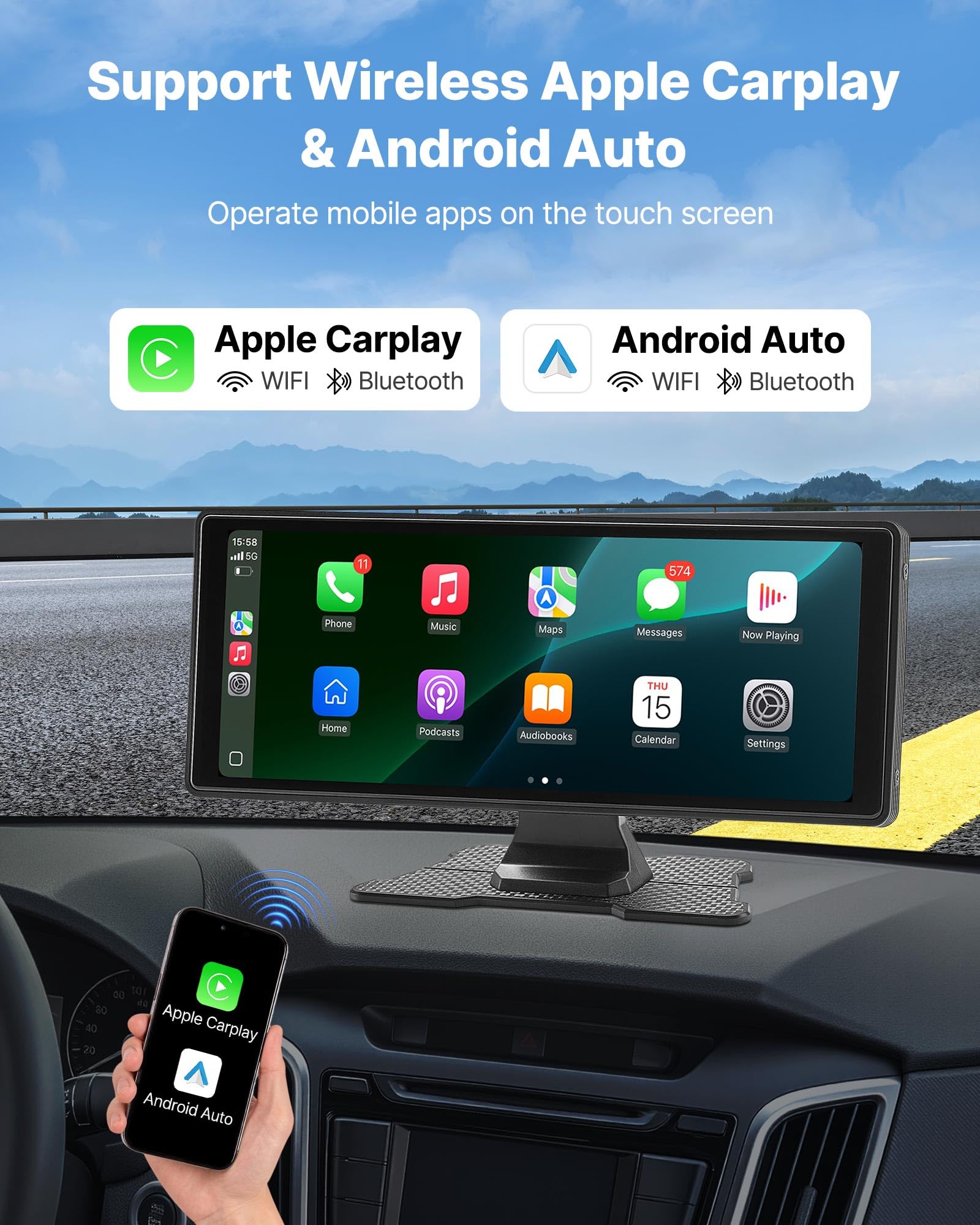 VEVOR Autoradio Wireless 254 mm, Radio Portatile con Touch Screen, Radio HD con Apple CarPlay e Android Auto, Schermo CarPlay con Telecamere, Controllo Vocale, Bluetooth, Navigazione GPS